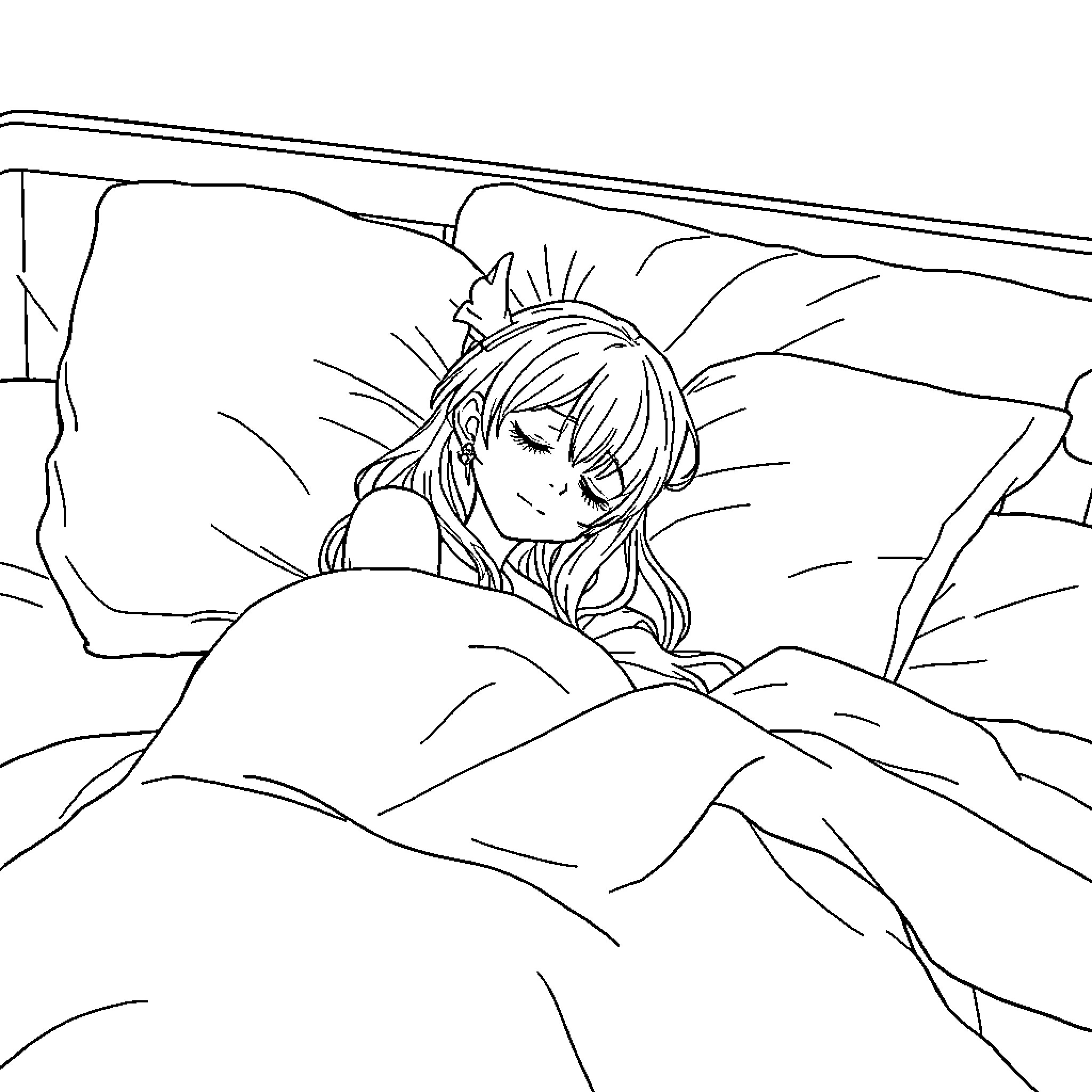 Mira resting peacefully in the bedroom Coloring Page (free black-and-white line drawing printable PDF for all, from beginners to advanced learners, including children, teens, adults, and seniors)