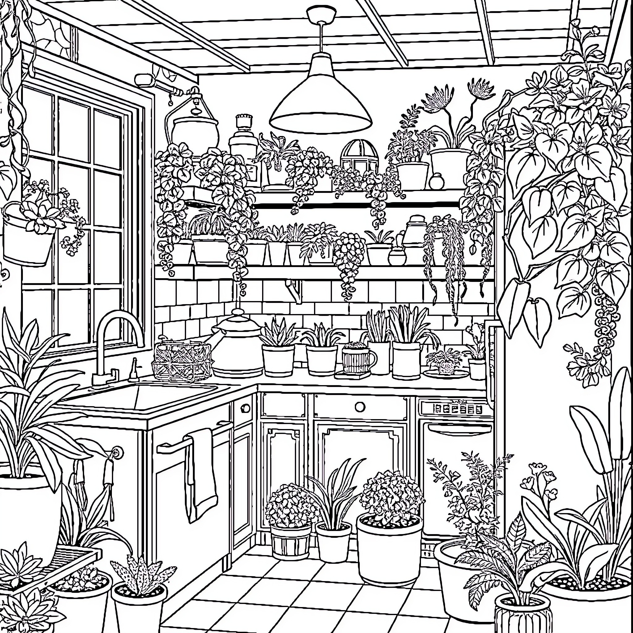 Kitchen filled with lush indoor plants and decor Coloring Page (free black-and-white line drawing printable PDF for all, from beginners to advanced learners, including children, teens, adults, and seniors)