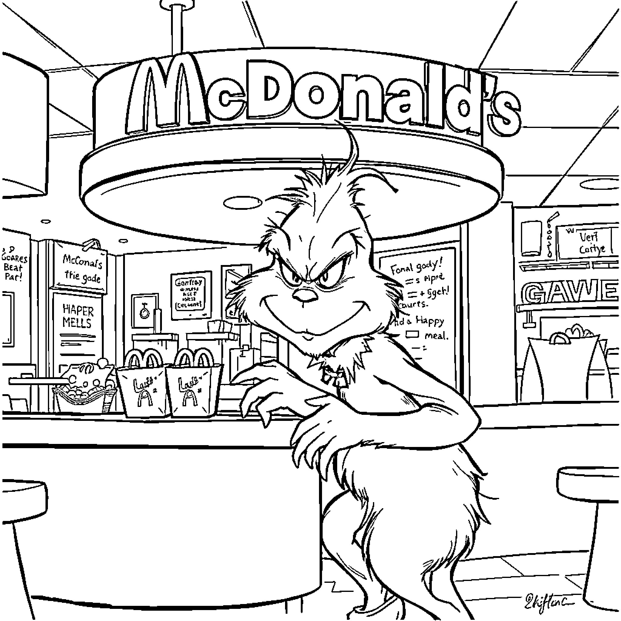 Grinch Wreaking Havoc at McDonald's Coloring Page (free black-and-white line drawing printable PDF for all, from beginners to advanced learners, including children, teens, adults, and seniors)