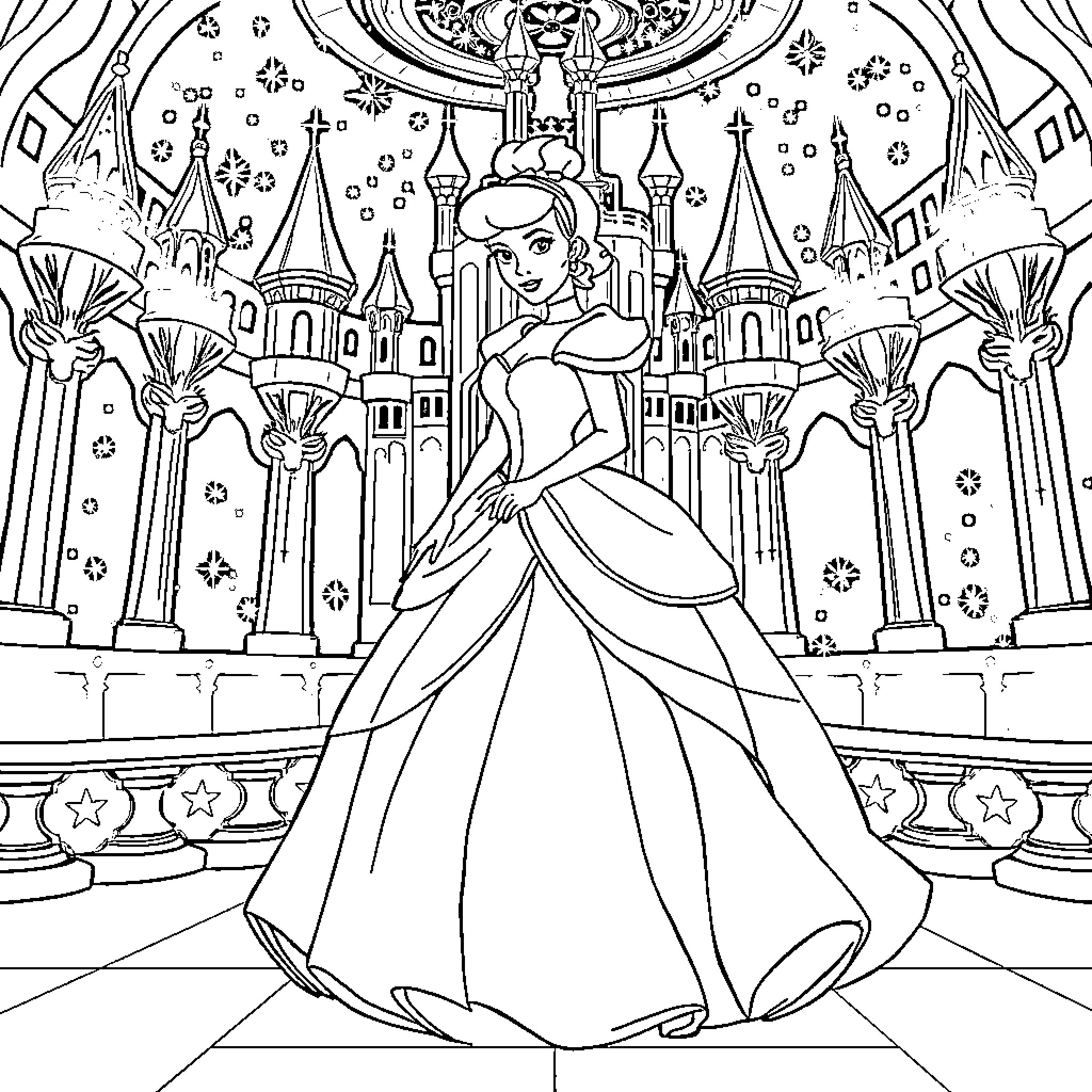 Cinderella in Enchanted Castle Coloring Page (free black-and-white line drawing printable PDF for all, from beginners to advanced learners, including children, teens, adults, and seniors)