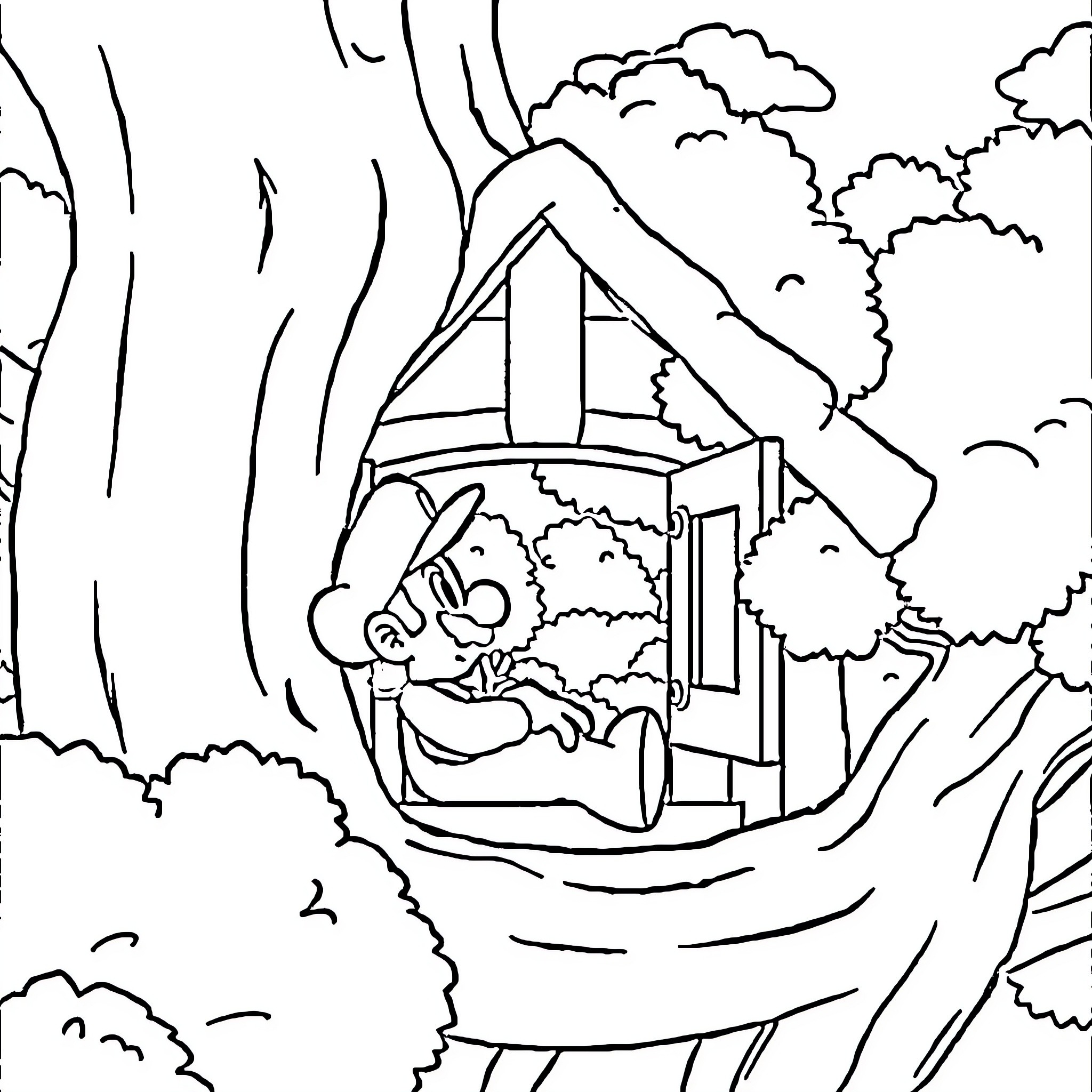 Mario enjoying a relaxing break in the forest Coloring Page (free black-and-white line drawing printable PDF for all, from beginners to advanced learners, including children, teens, adults, and seniors)