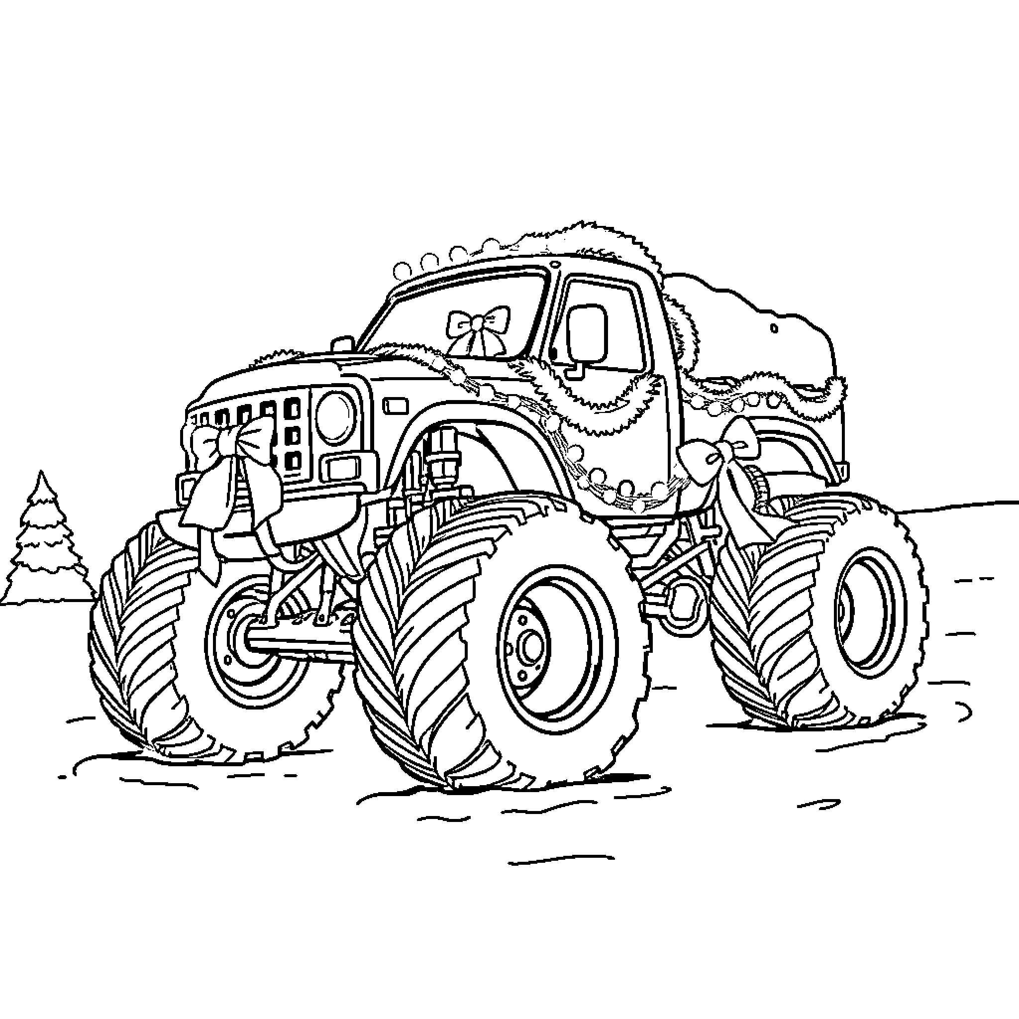 Monster Truck Crushing Through Snowy Terrain Coloring Page (free black-and-white line drawing printable PDF for all, from beginners to advanced learners, including children, teens, adults, and seniors)