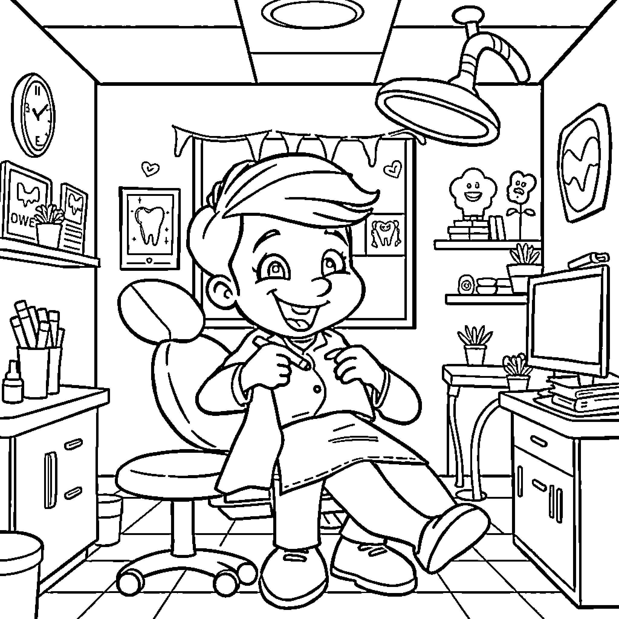 Dentist Office with Friendly Dentist Coloring Page (free black-and-white line drawing printable PDF for all, from beginners to advanced learners, including children, teens, adults, and seniors)