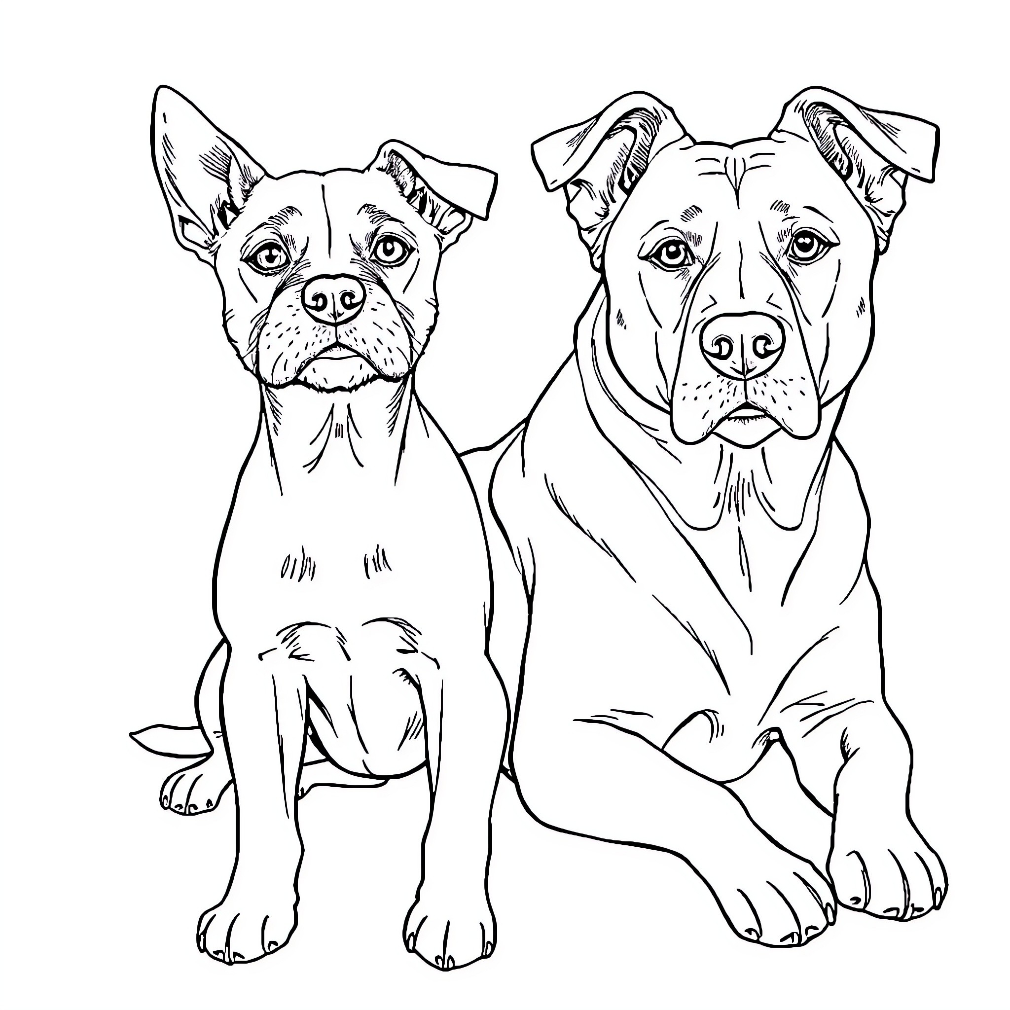 Dogs sitting together with alert expressions Coloring Page (free black-and-white line drawing printable PDF for all, from beginners to advanced learners, including children, teens, adults, and seniors)