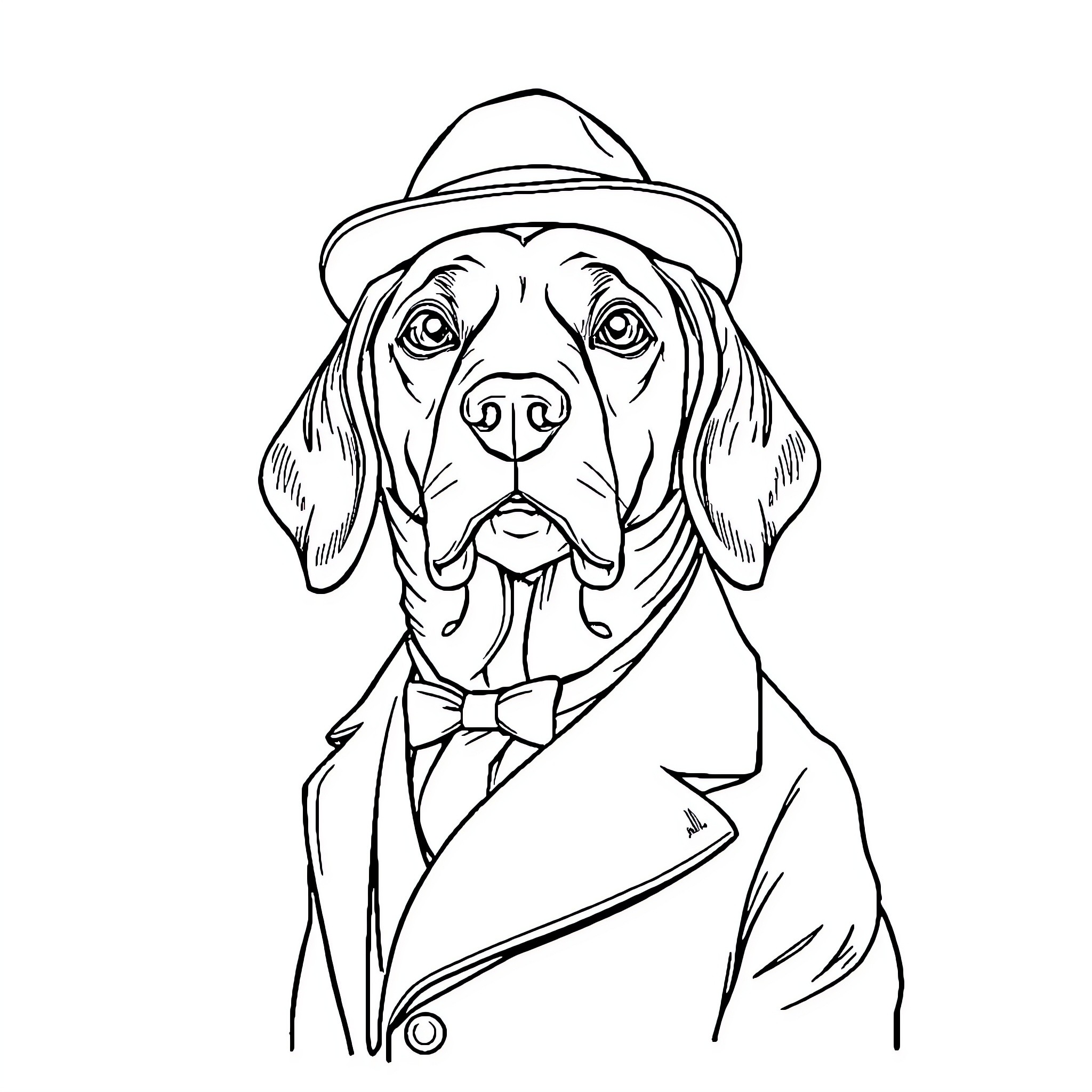 Beagle dressed up in formal attire Coloring Page (free black-and-white line drawing printable PDF for all, from beginners to advanced learners, including children, teens, adults, and seniors)