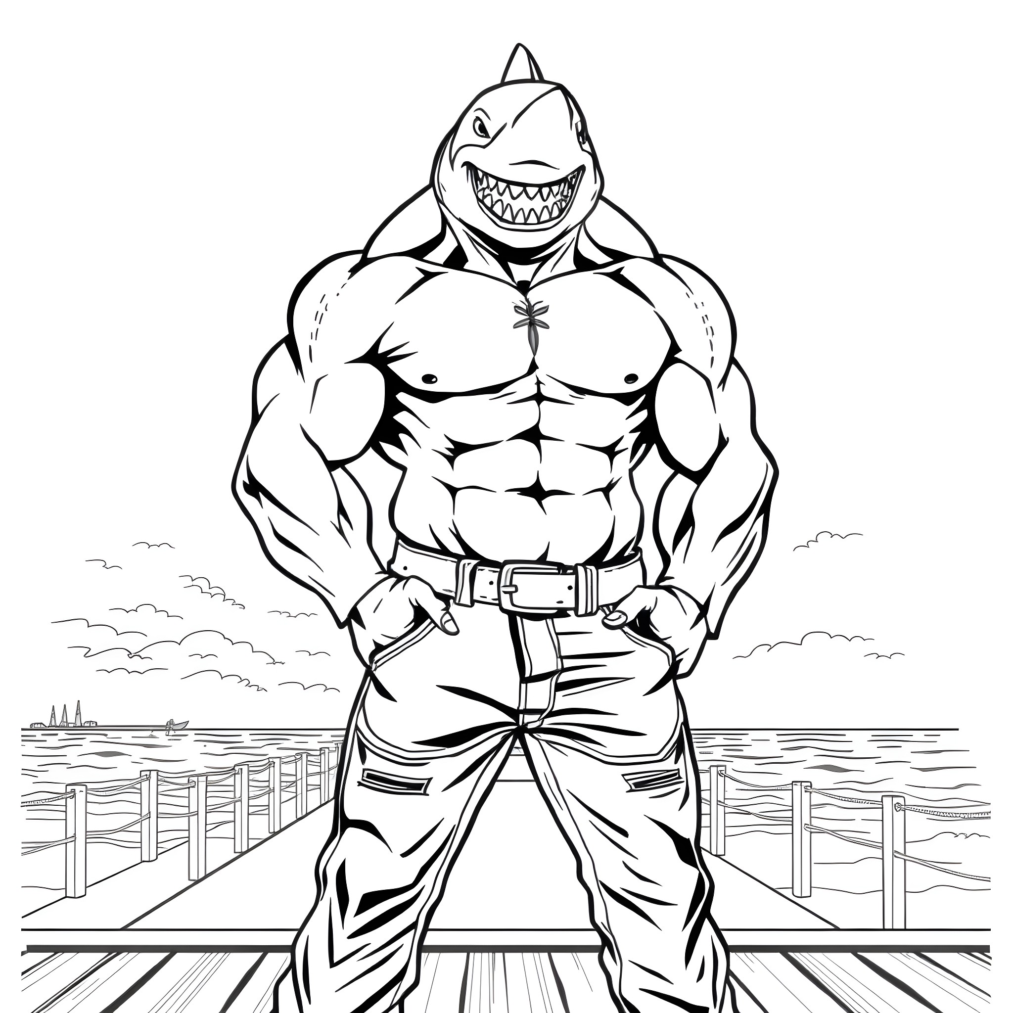 Shark man with muscular build on the dock Coloring Page (free black-and-white line drawing printable PDF for all, from beginners to advanced learners, including children, teens, adults, and seniors)