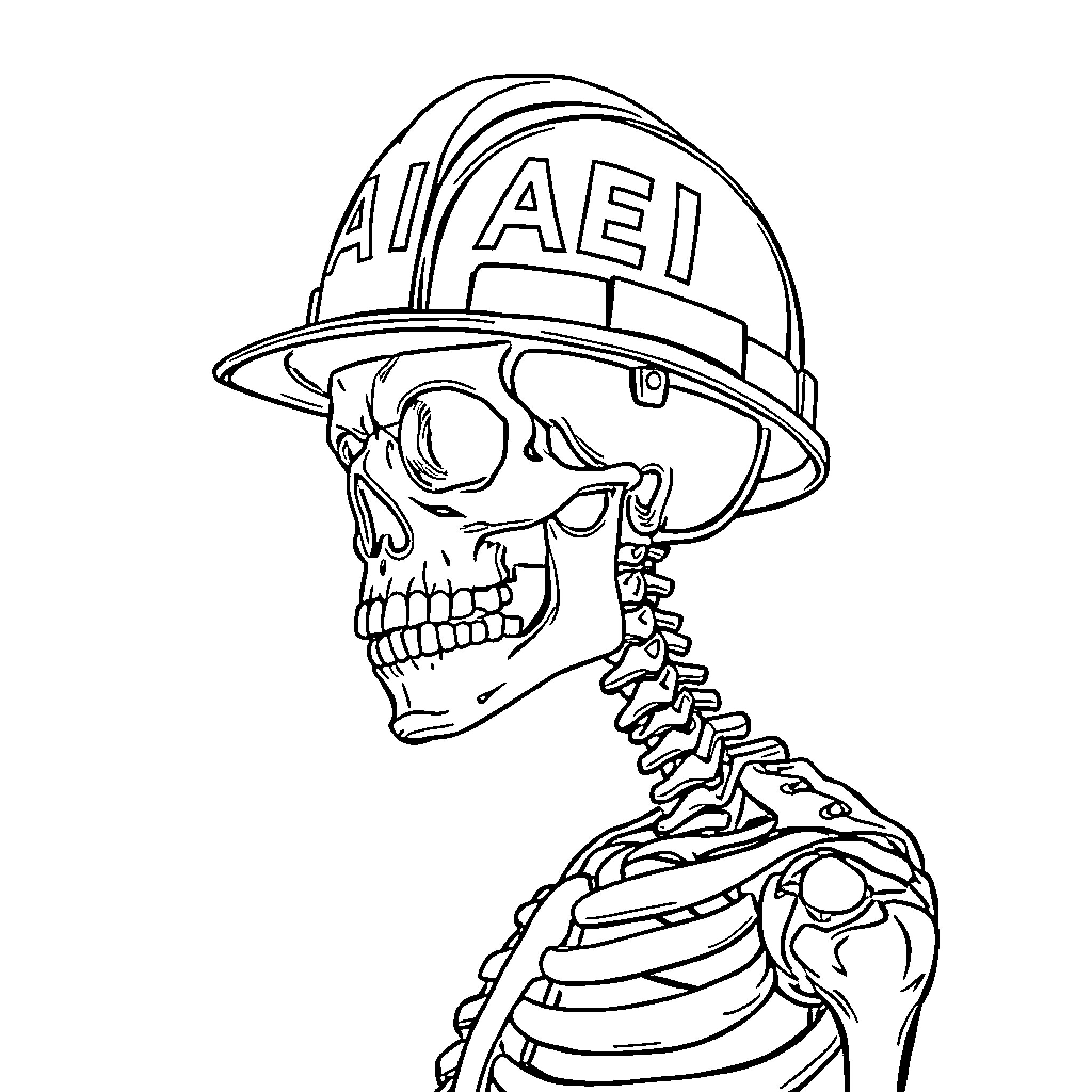 Skeleton in construction worker's helmet Coloring Page (free black-and-white line drawing printable PDF for all, from beginners to advanced learners, including children, teens, adults, and seniors)