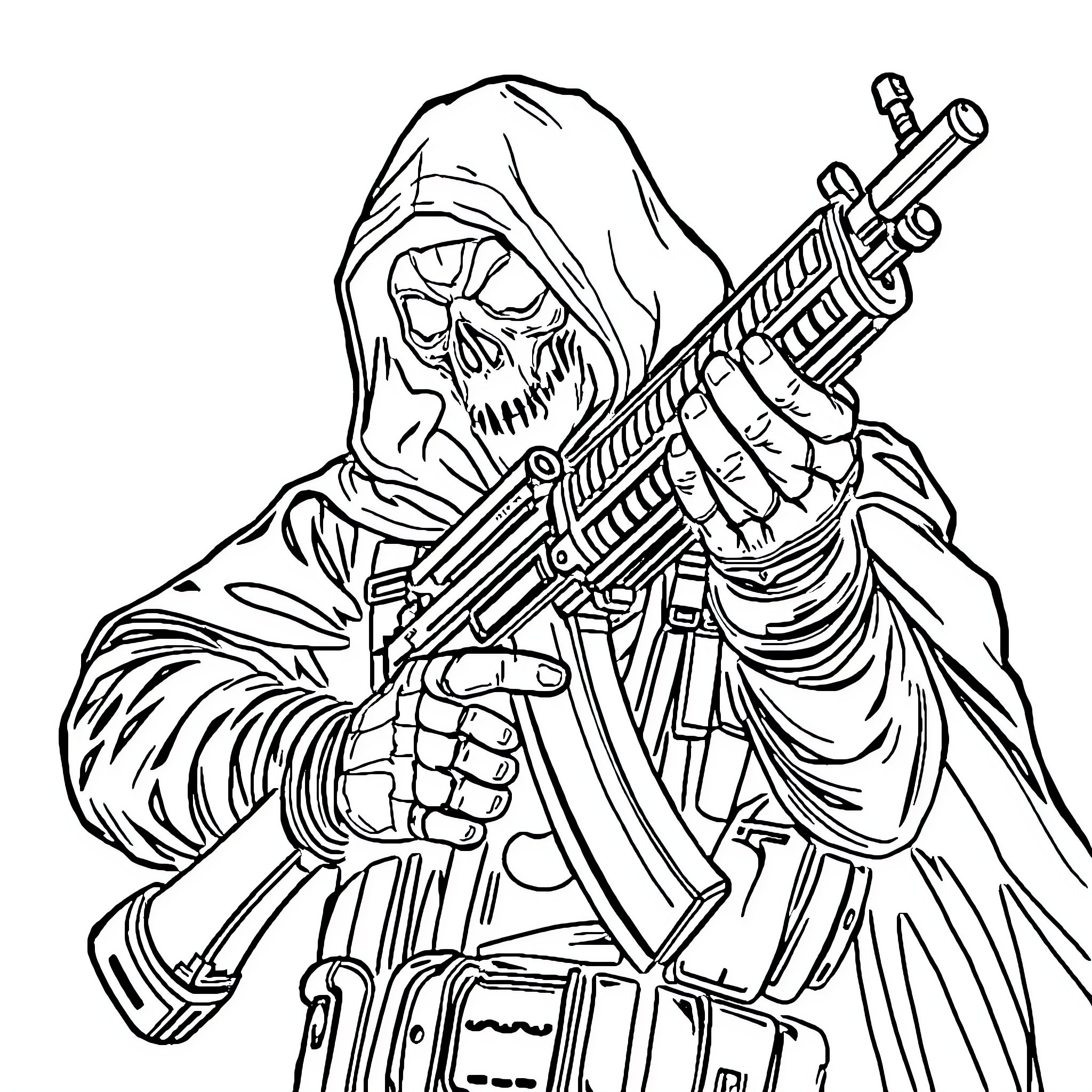 Ghost Warrior Wielding Assault Rifle Coloring Page (free black-and-white line drawing printable PDF for all, from beginners to advanced learners, including children, teens, adults, and seniors)