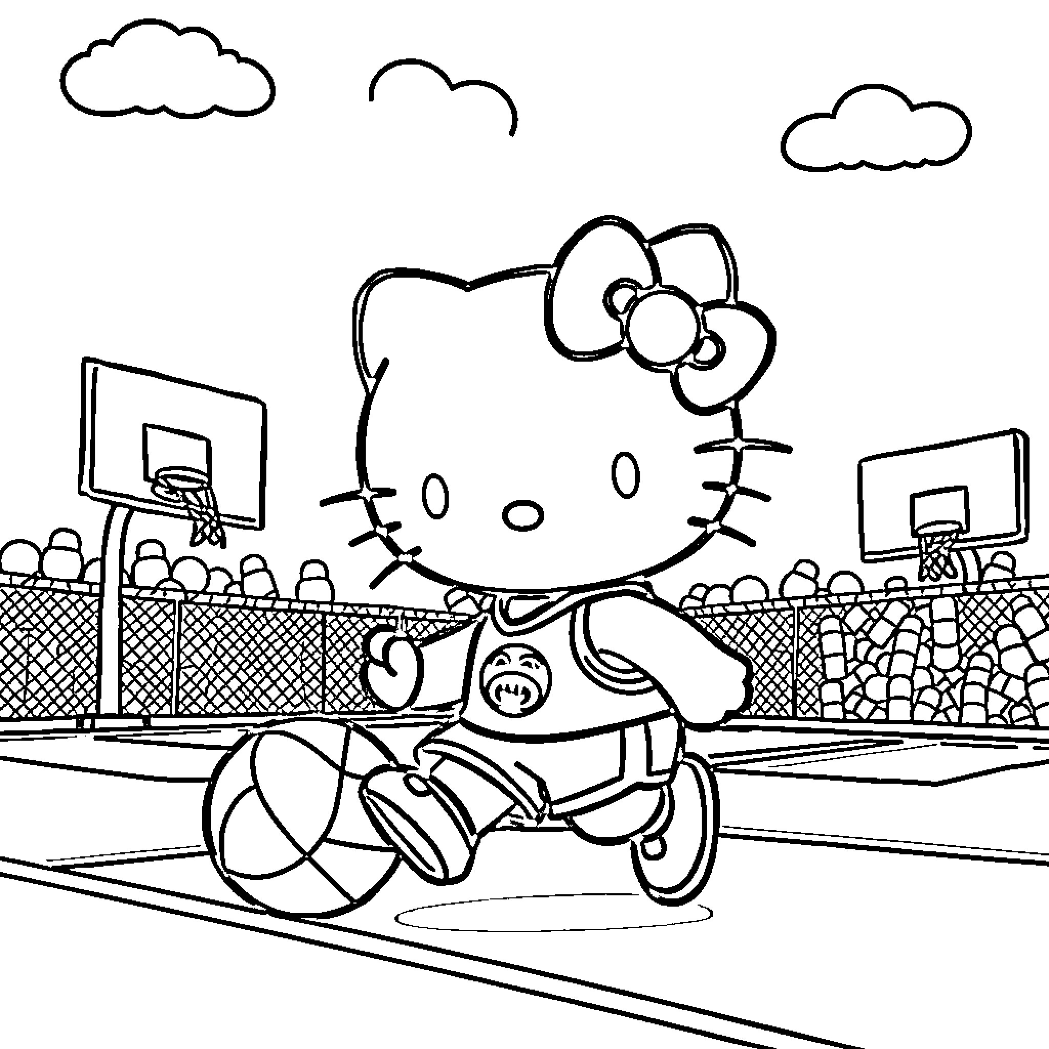 Hello Kitty playing basketball on the court Coloring Page (free black-and-white line drawing printable PDF for all, from beginners to advanced learners, including children, teens, adults, and seniors)