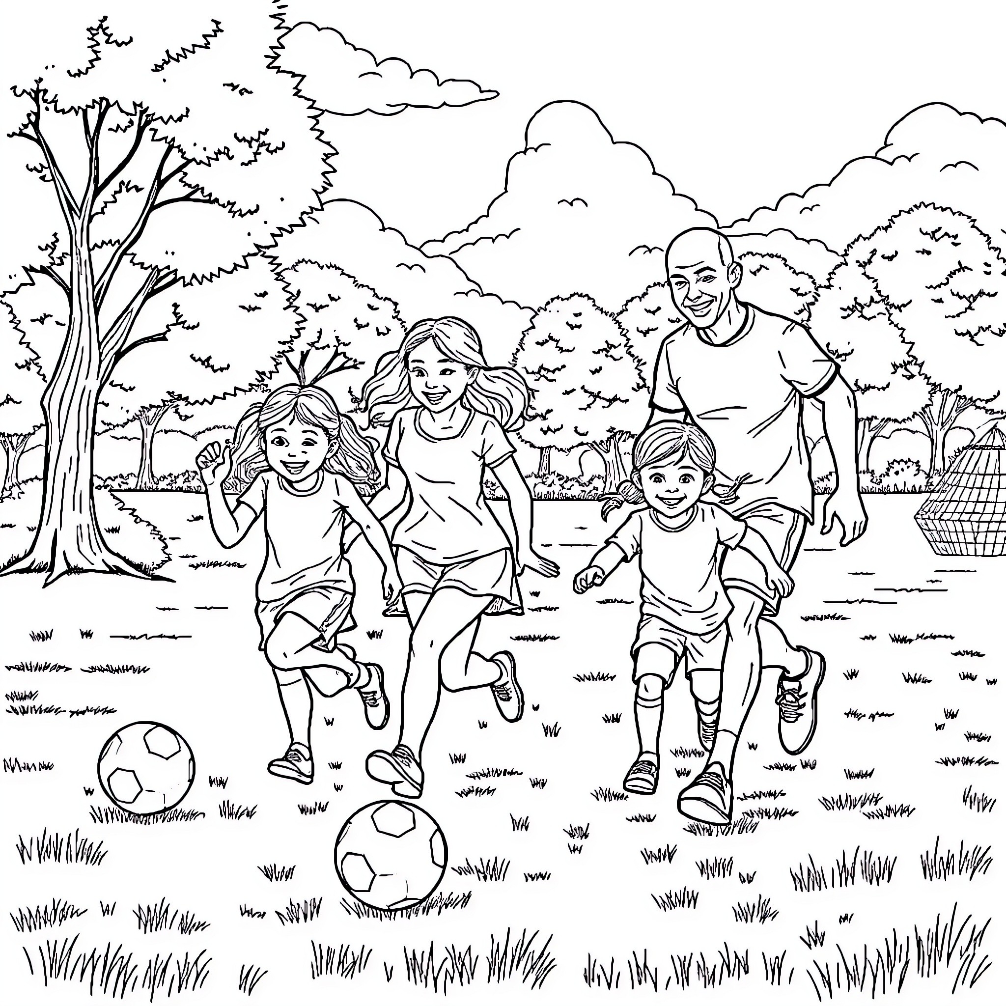 Family Playing Joyfully Outdoors Coloring Page (free black-and-white line drawing printable PDF for all, from beginners to advanced learners, including children, teens, adults, and seniors)