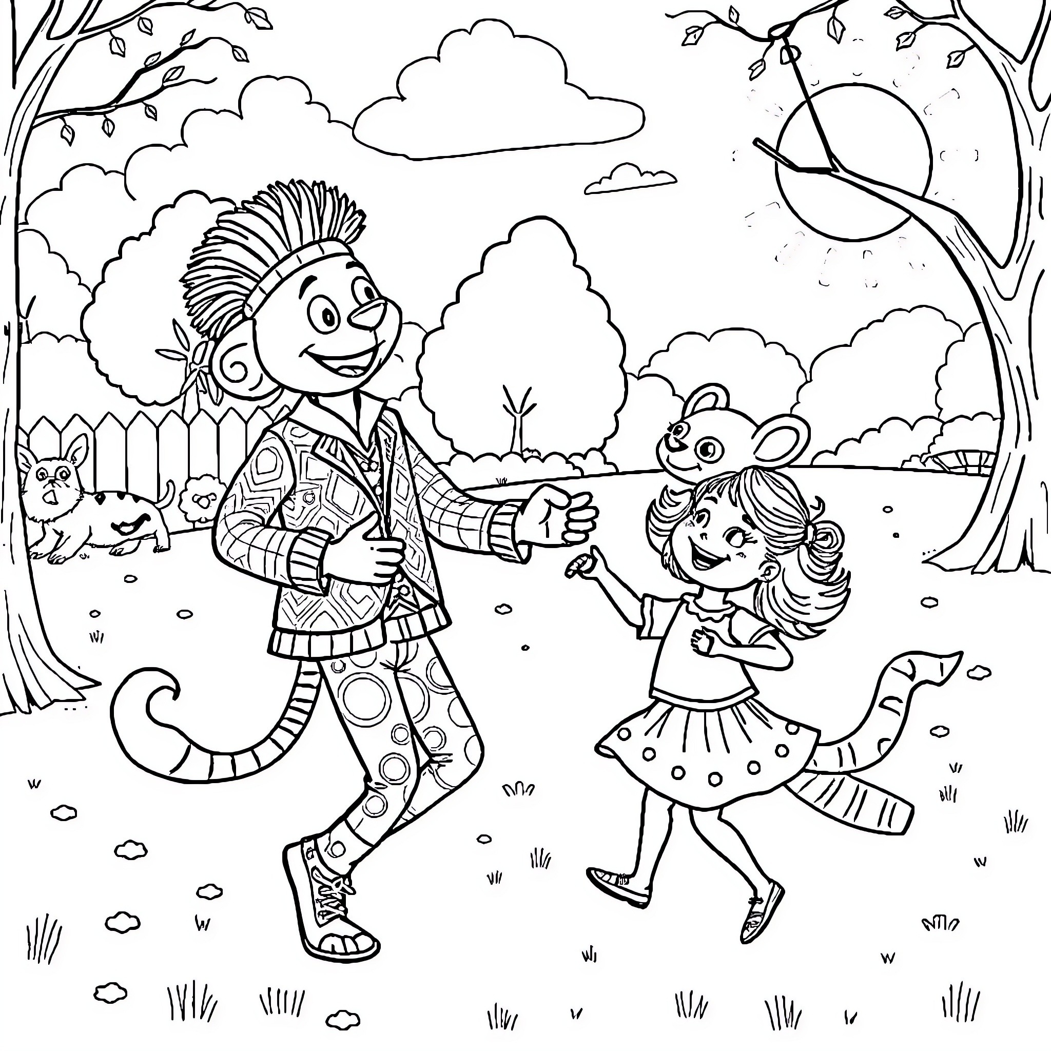 Gitaroo Man and Girl Dancing in Outdoor Landscape Coloring Page (free black-and-white line drawing printable PDF for all, from beginners to advanced learners, including children, teens, adults, and seniors)