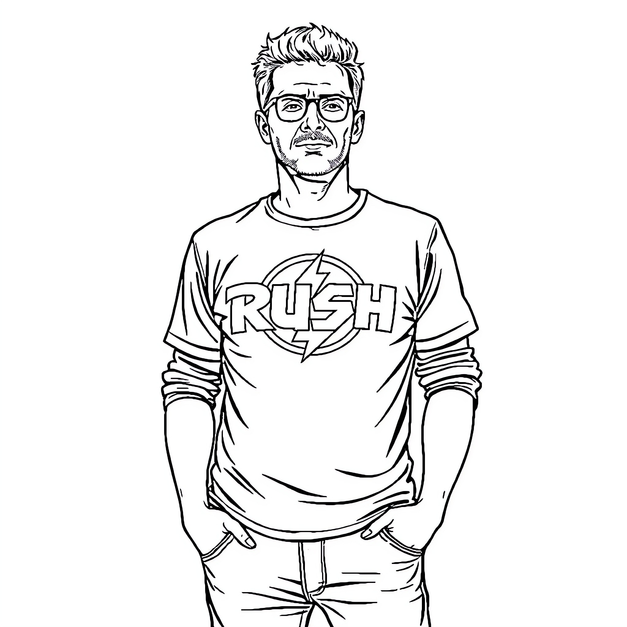 Band member with casual outfit and expression Coloring Page (free black-and-white line drawing printable PDF for all, from beginners to advanced learners, including children, teens, adults, and seniors)