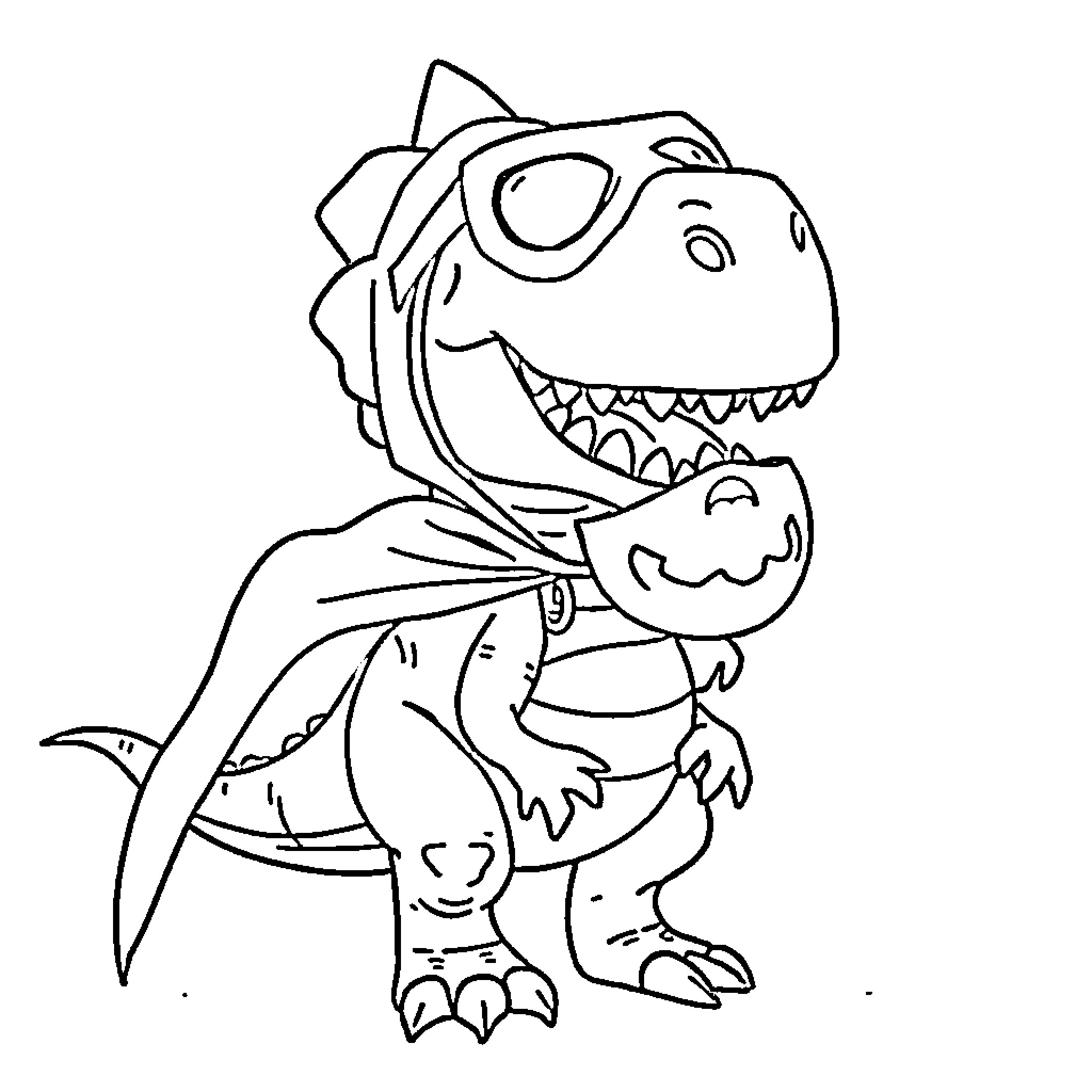 Dinosaur wearing a costume and carrying a pumpkin Coloring Page (free black-and-white line drawing printable PDF for all, from beginners to advanced learners, including children, teens, adults, and seniors)