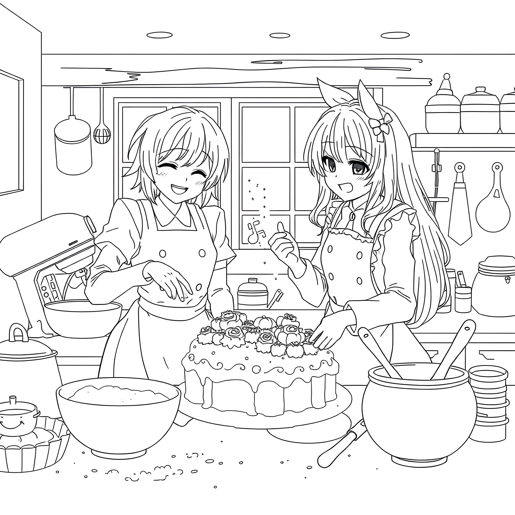 Madoka Kaname and Friend Baking Cakes in the Kitchen Coloring Page (free black-and-white line drawing printable PDF for all, from beginners to advanced learners, including children, teens, adults, and seniors)