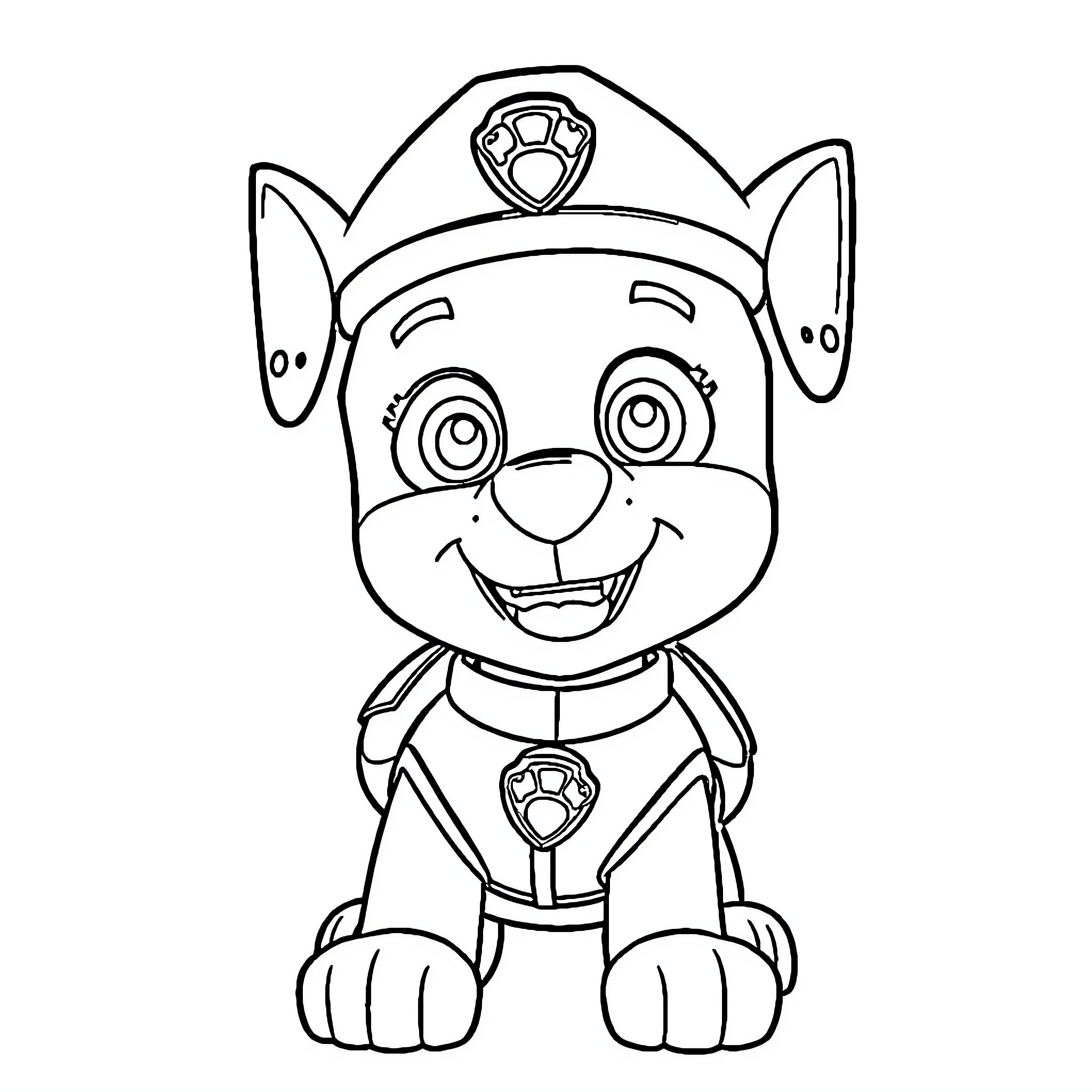 Paw Patrol character in uniform smiling Coloring Page (free black-and-white line drawing printable PDF for all, from beginners to advanced learners, including children, teens, adults, and seniors)