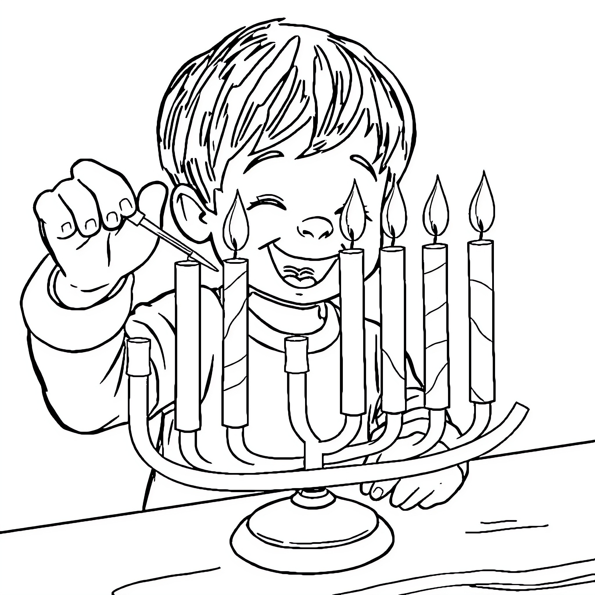 Child celebrating Hanukkah with menorah Coloring Page (free black-and-white line drawing printable PDF for all, from beginners to advanced learners, including children, teens, adults, and seniors)