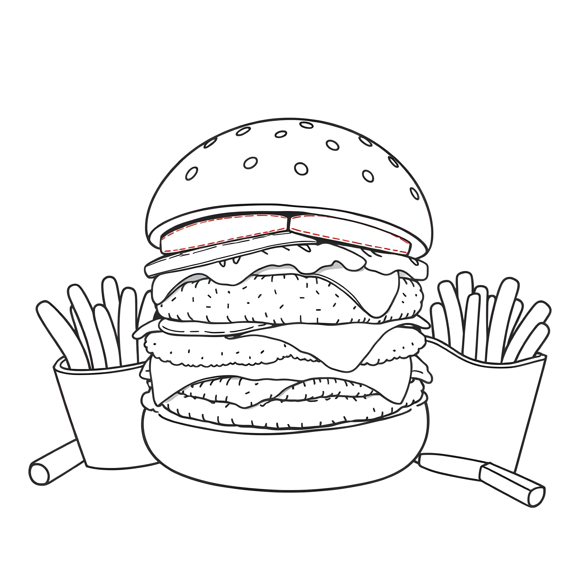 Burger with fries in the background Coloring Page (free black-and-white line drawing printable PDF for all, from beginners to advanced learners, including children, teens, adults, and seniors)