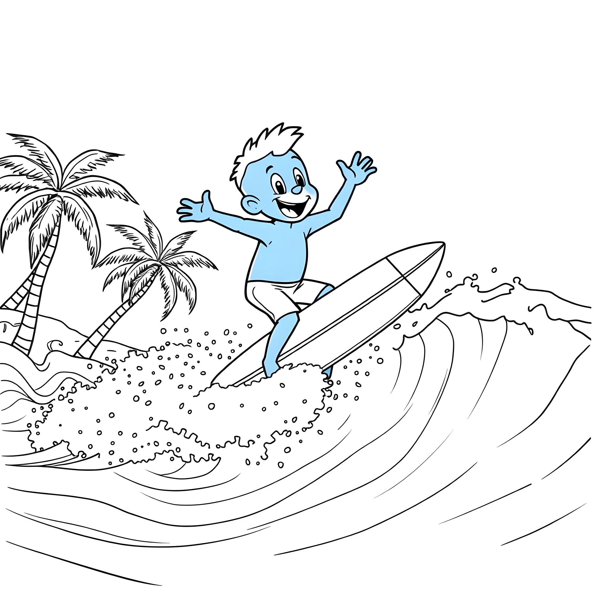Bluey surfing the waves with joy Coloring Page (free black-and-white line drawing printable PDF for all, from beginners to advanced learners, including children, teens, adults, and seniors)