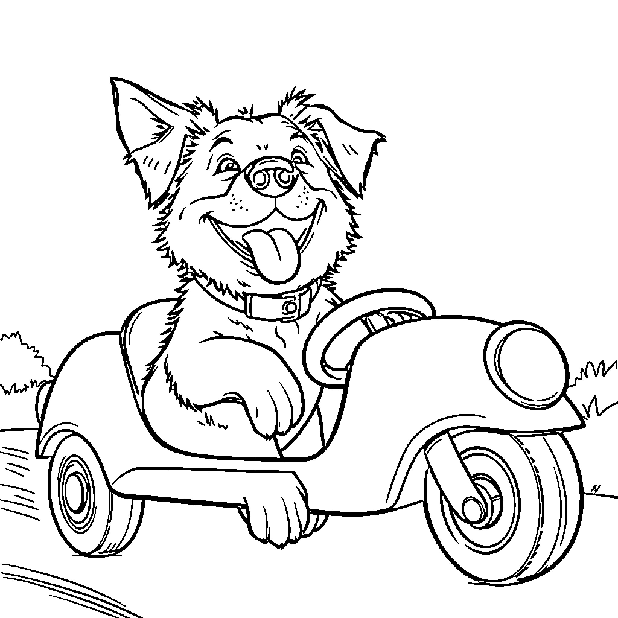 Dog riding scooter with happy expression Coloring Page (free black-and-white line drawing printable PDF for all, from beginners to advanced learners, including children, teens, adults, and seniors)