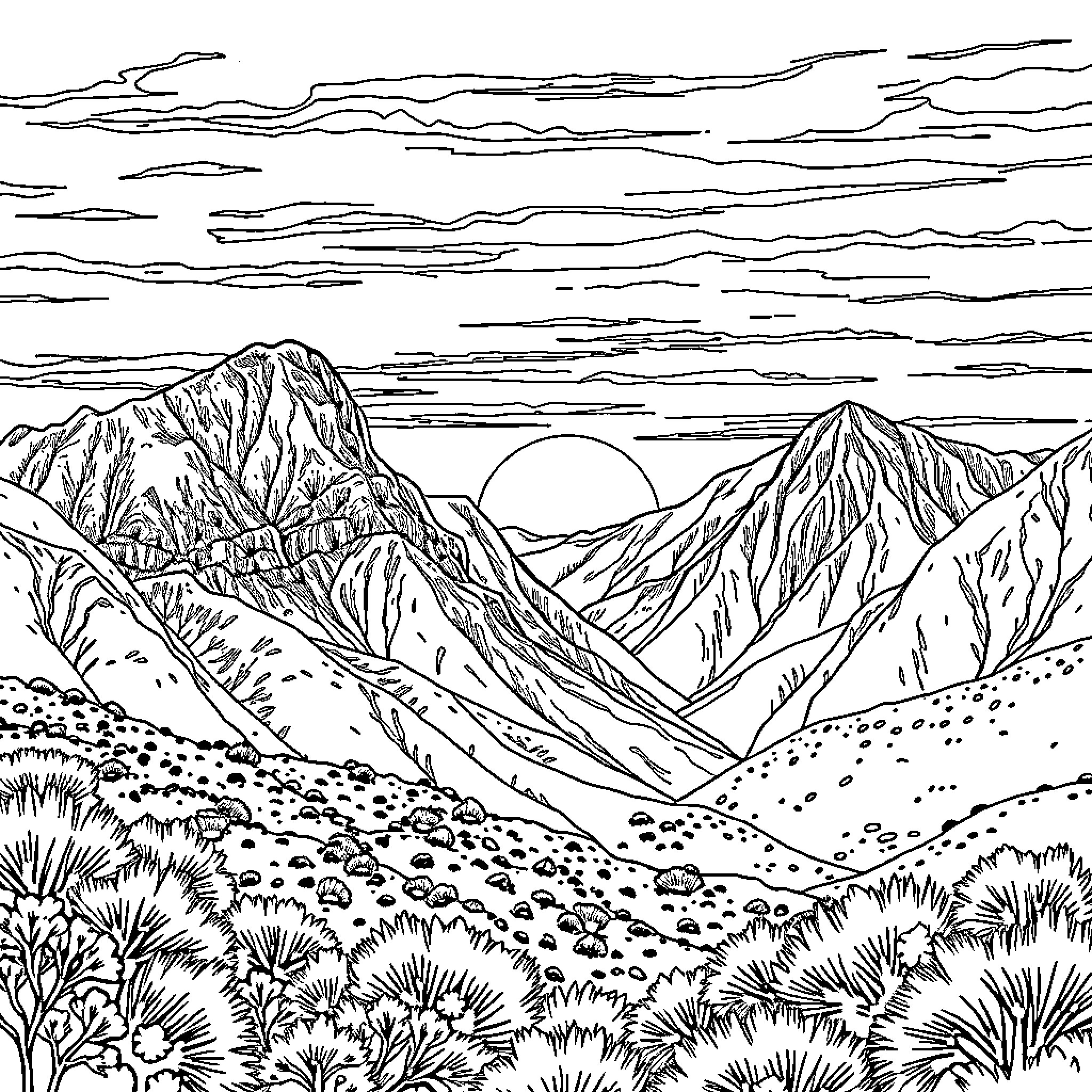 Sunset over majestic mountain landscape Coloring Page (free black-and-white line drawing printable PDF for all, from beginners to advanced learners, including children, teens, adults, and seniors)