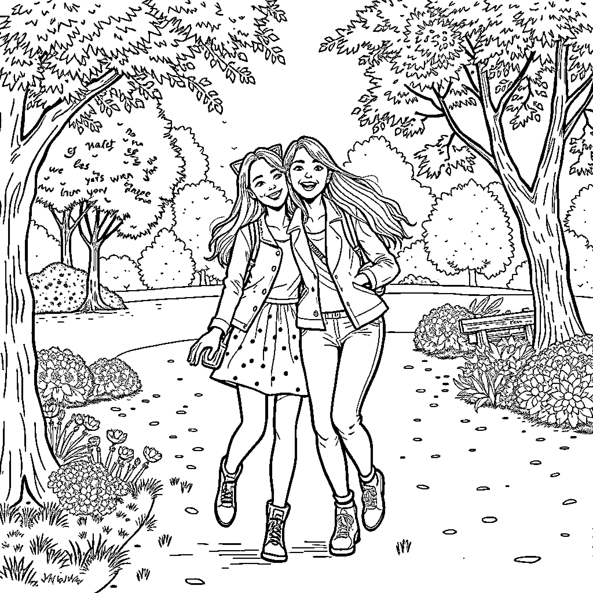Friend enjoying time with companion in nature Coloring Page (free black-and-white line drawing printable PDF for all, from beginners to advanced learners, including children, teens, adults, and seniors)