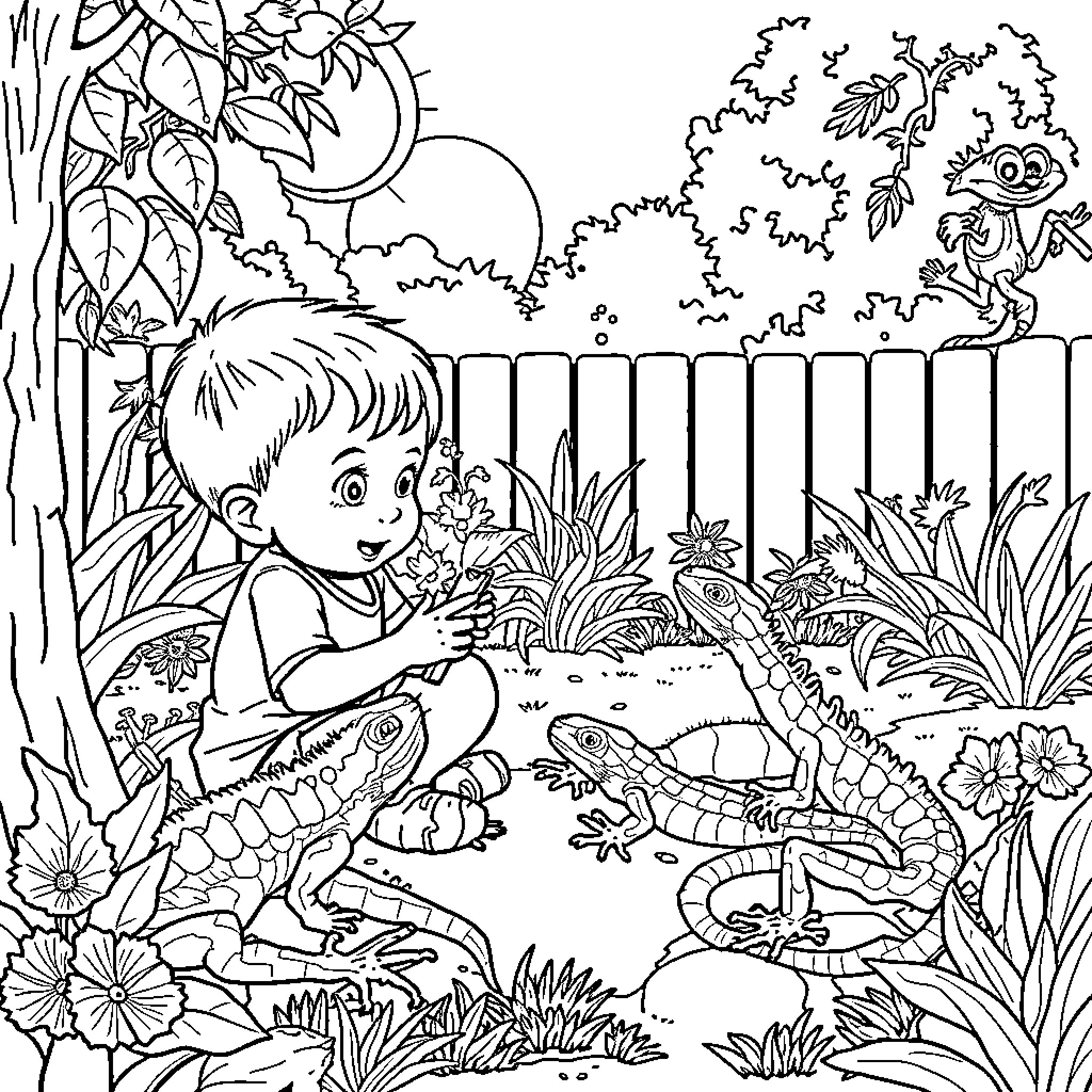Lizard Observing Young Boy in Nature Scene Coloring Page (free black-and-white line drawing printable PDF for all, from beginners to advanced learners, including children, teens, adults, and seniors)