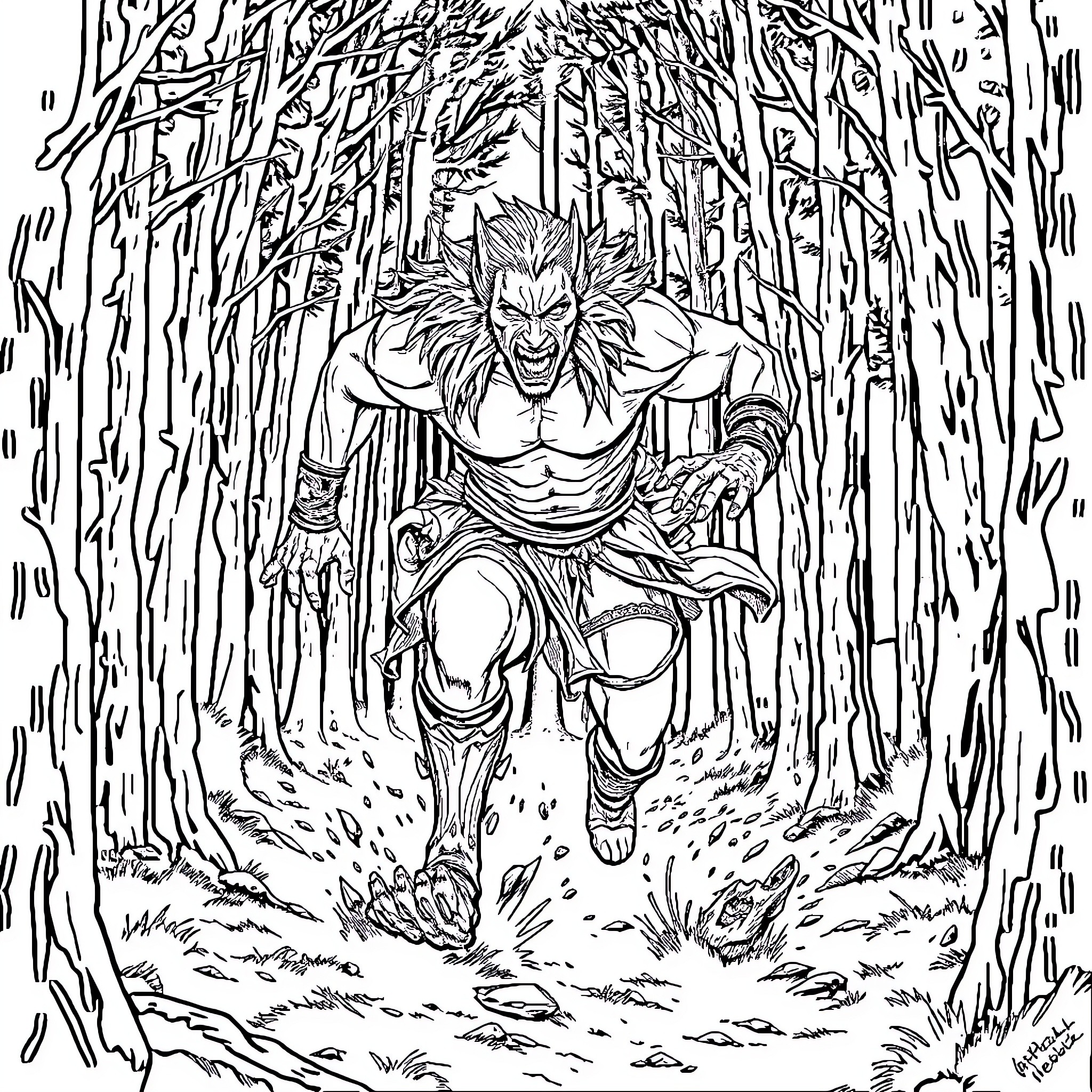 Werewolf charging through the dark forest Coloring Page (free black-and-white line drawing printable PDF for all, from beginners to advanced learners, including children, teens, adults, and seniors)