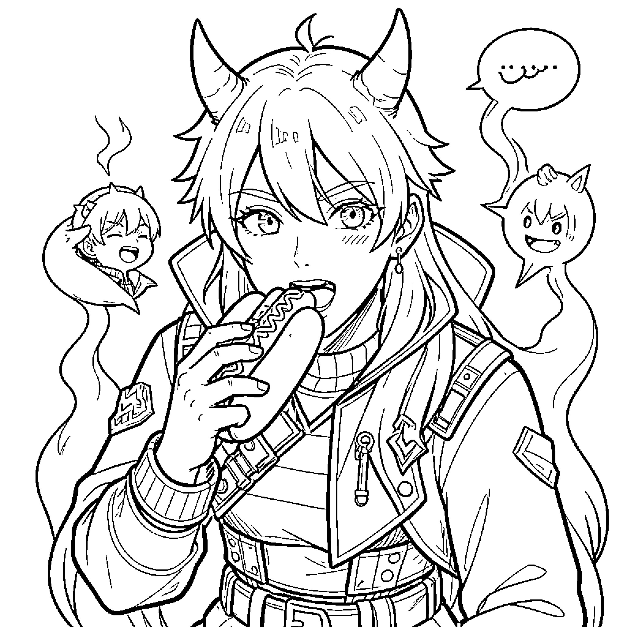 Kpop Demon Hunter Battles Supernatural Foes Coloring Page (free black-and-white line drawing printable PDF for all, from beginners to advanced learners, including children, teens, adults, and seniors)