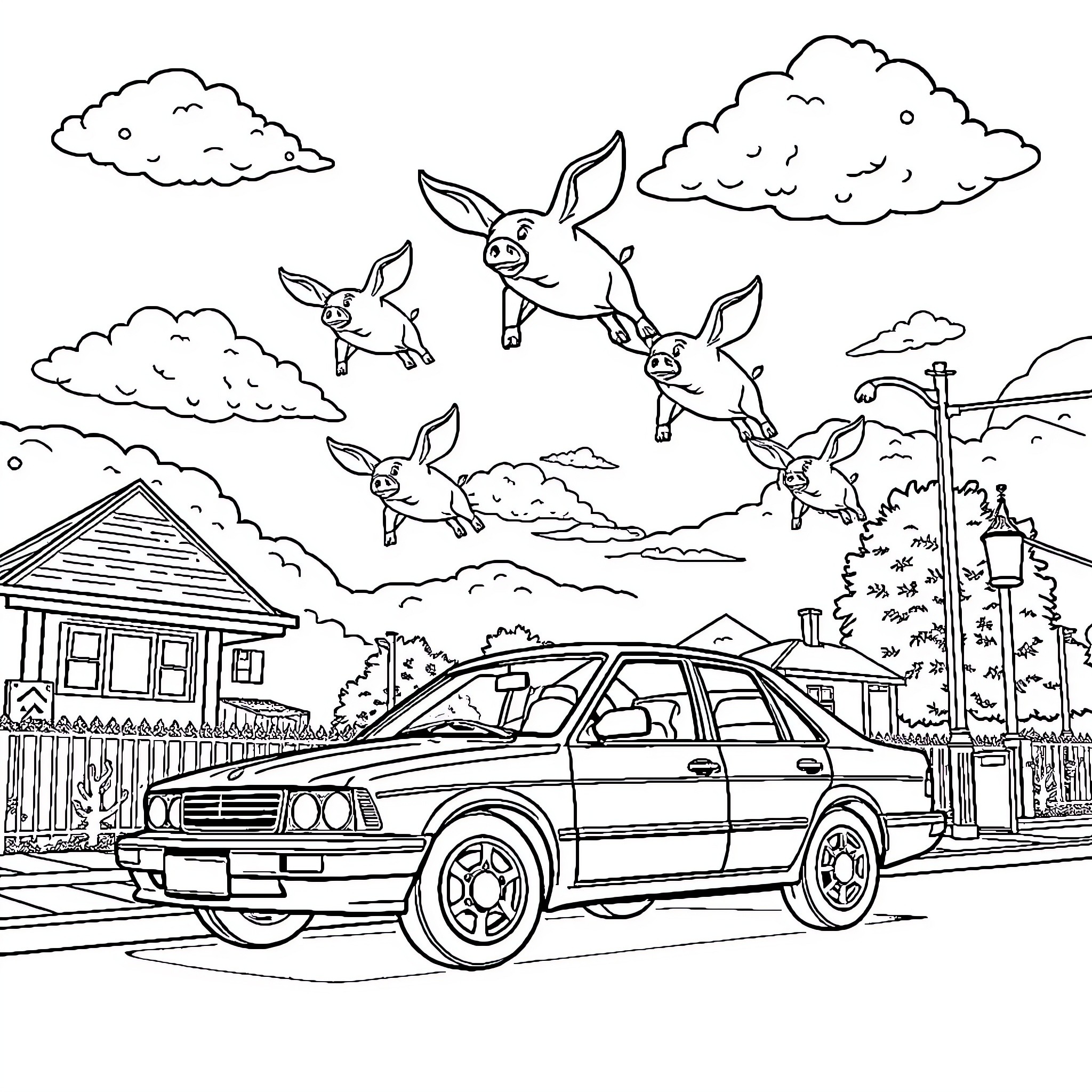 Pig flying in the clouds above a car Coloring Page (free black-and-white line drawing printable PDF for all, from beginners to advanced learners, including children, teens, adults, and seniors)