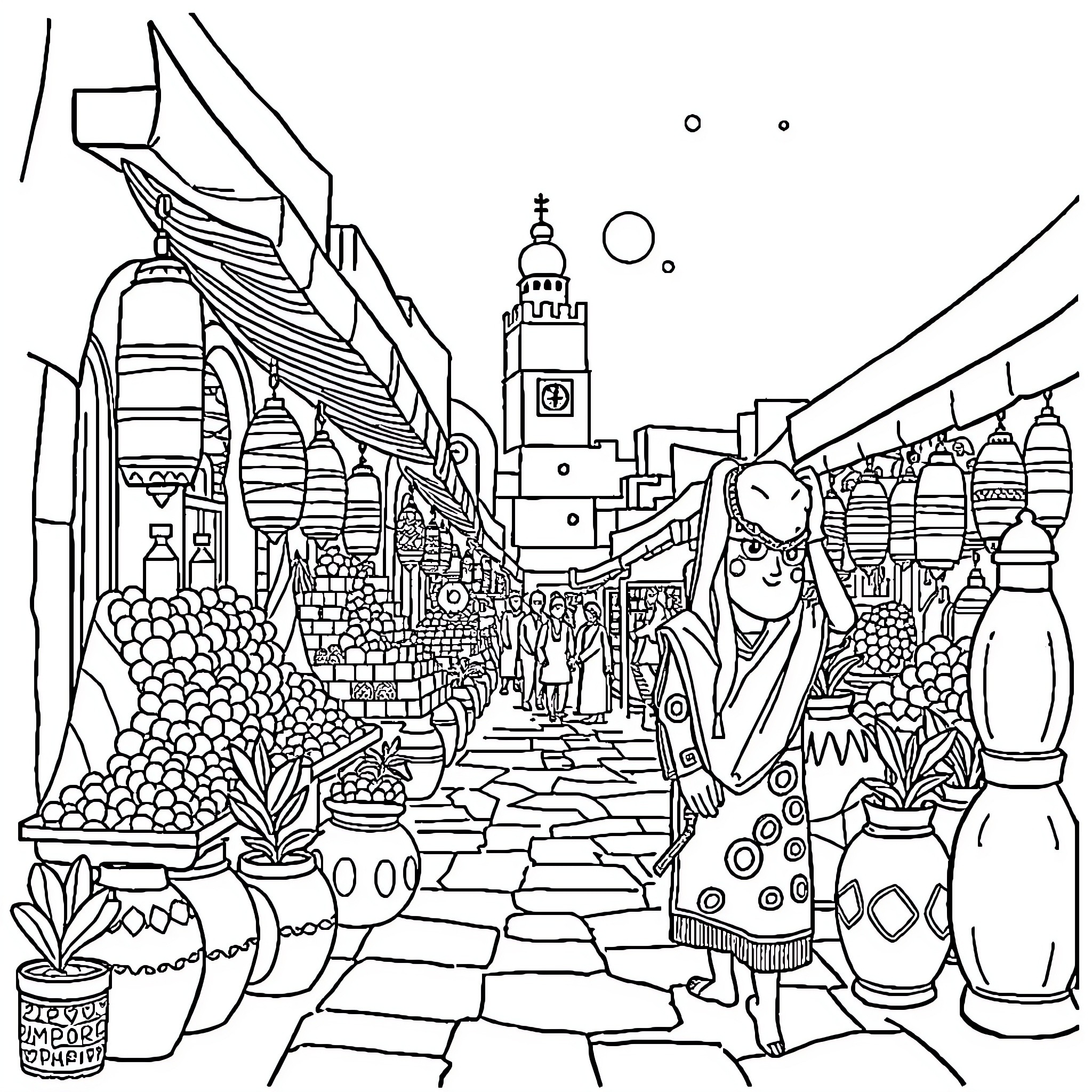Bluey exploring the vibrant marketplace Coloring Page (free black-and-white line drawing printable PDF for all, from beginners to advanced learners, including children, teens, adults, and seniors)