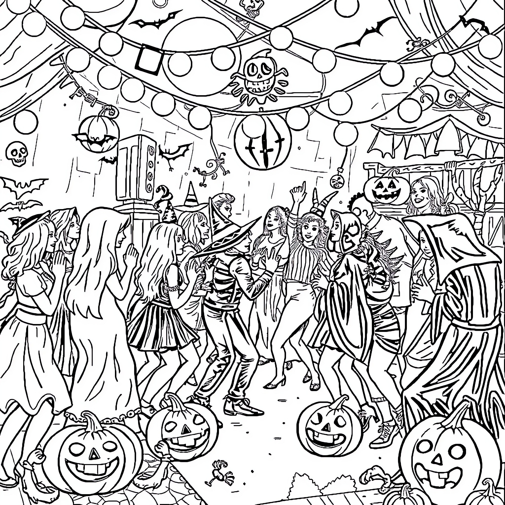 Halloween Party with Costumes and Decorations Coloring Page (free black-and-white line drawing printable PDF for all, from beginners to advanced learners, including children, teens, adults, and seniors)
