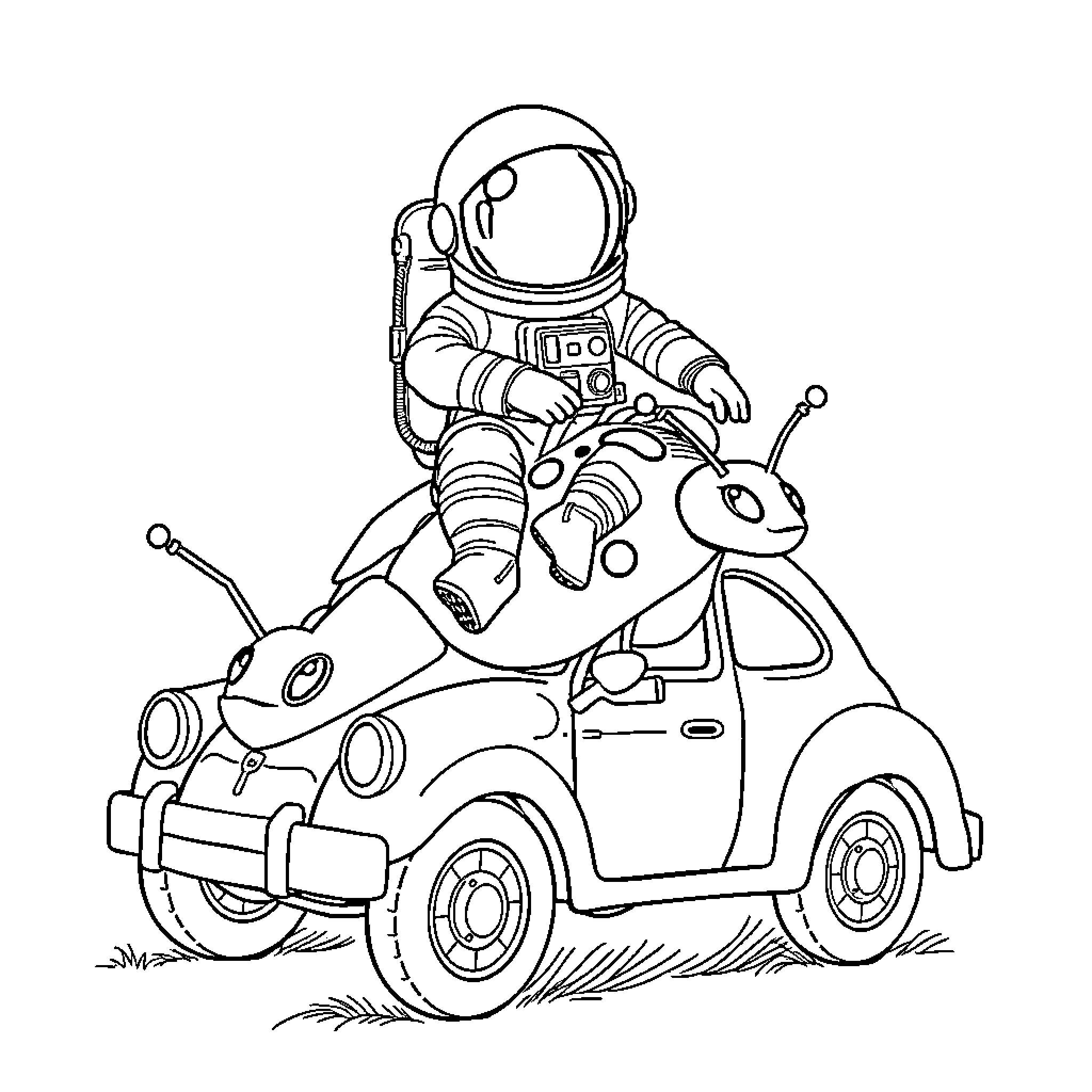 Astronaut explores alien world in quirky vehicle Coloring Page (free black-and-white line drawing printable PDF for all, from beginners to advanced learners, including children, teens, adults, and seniors)