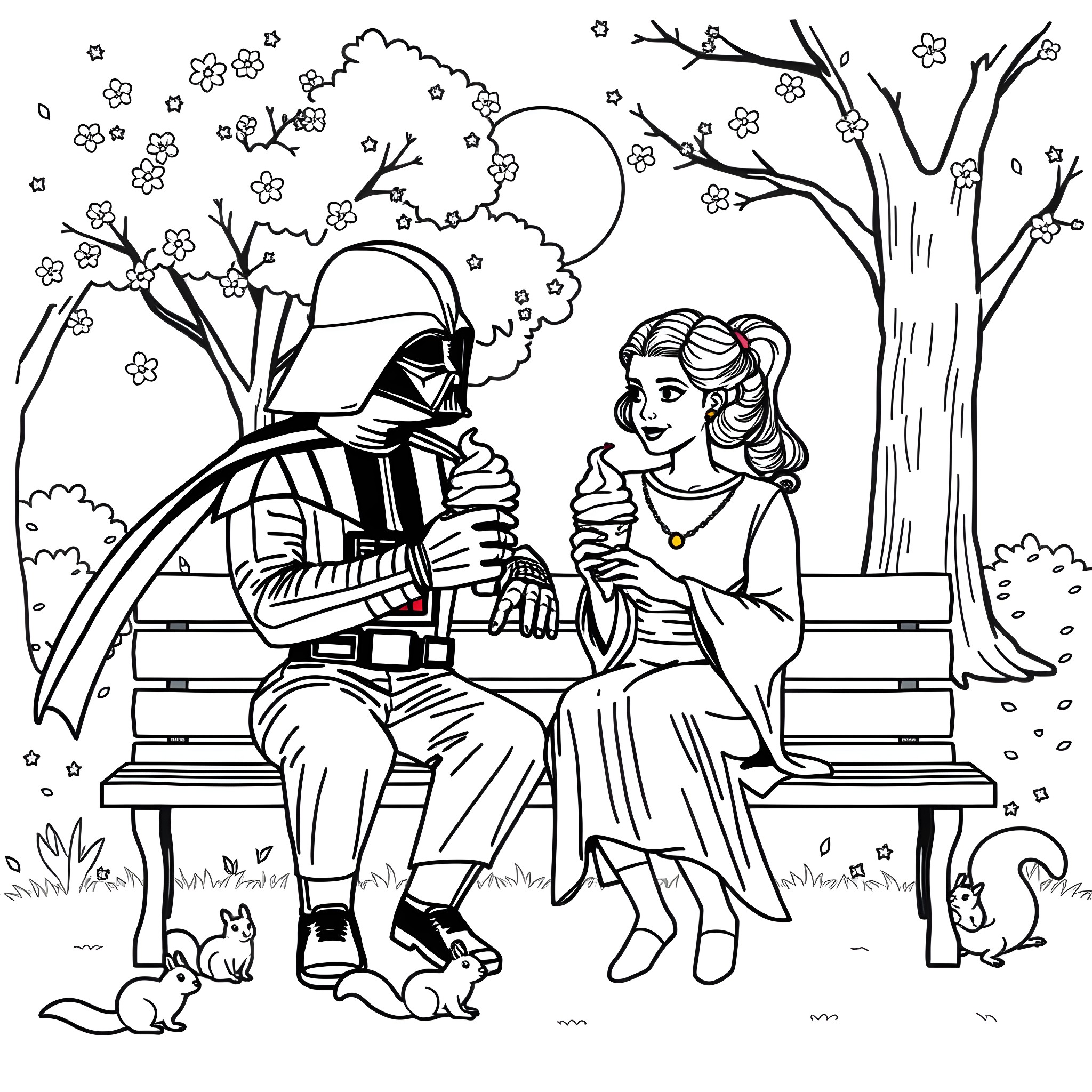 Darth Vader and woman enjoying a spring day on a park bench Coloring Page (free black-and-white line drawing printable PDF for all, from beginners to advanced learners, including children, teens, adults, and seniors)