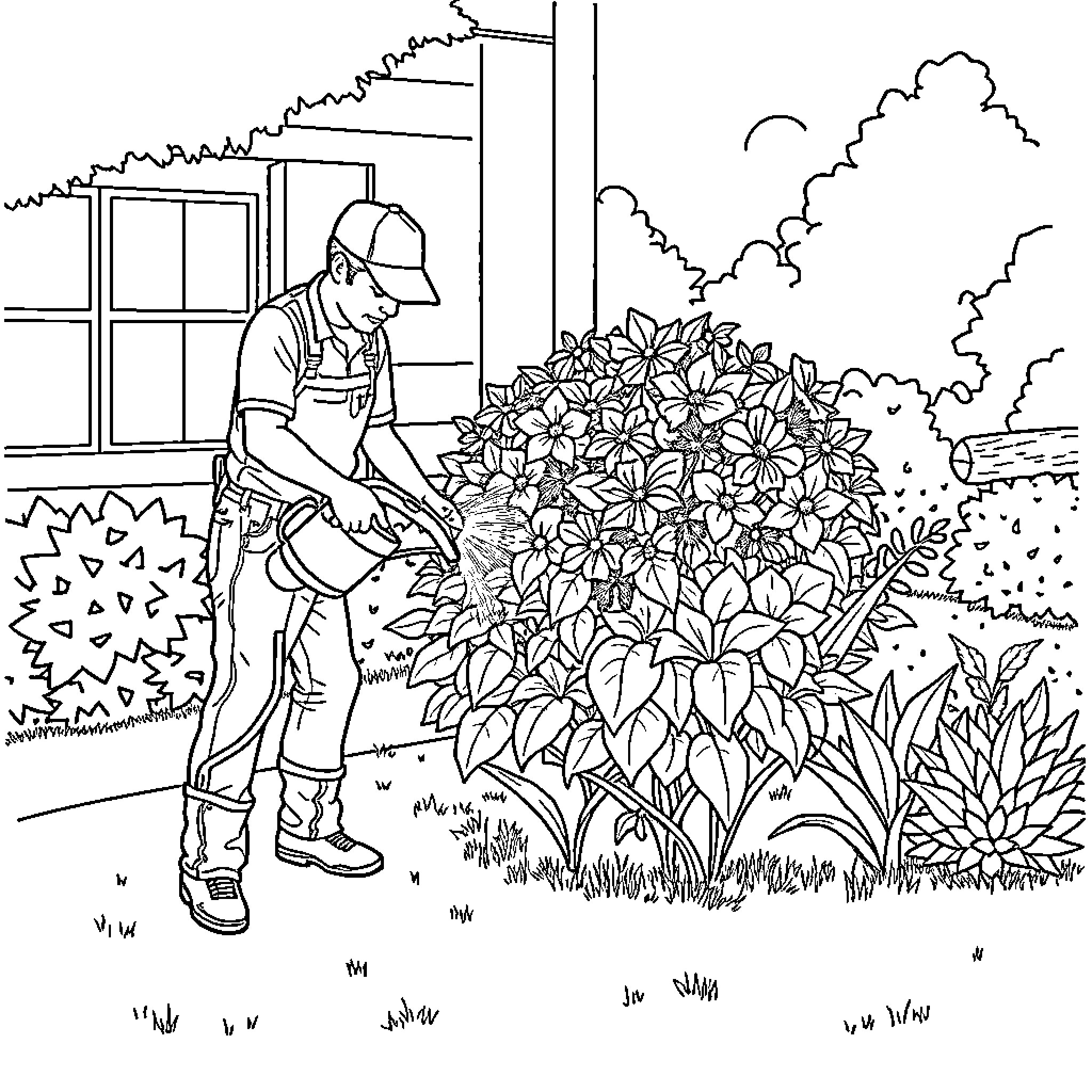 Landscaper tending to vibrant garden flowers Coloring Page (free black-and-white line drawing printable PDF for all, from beginners to advanced learners, including children, teens, adults, and seniors)