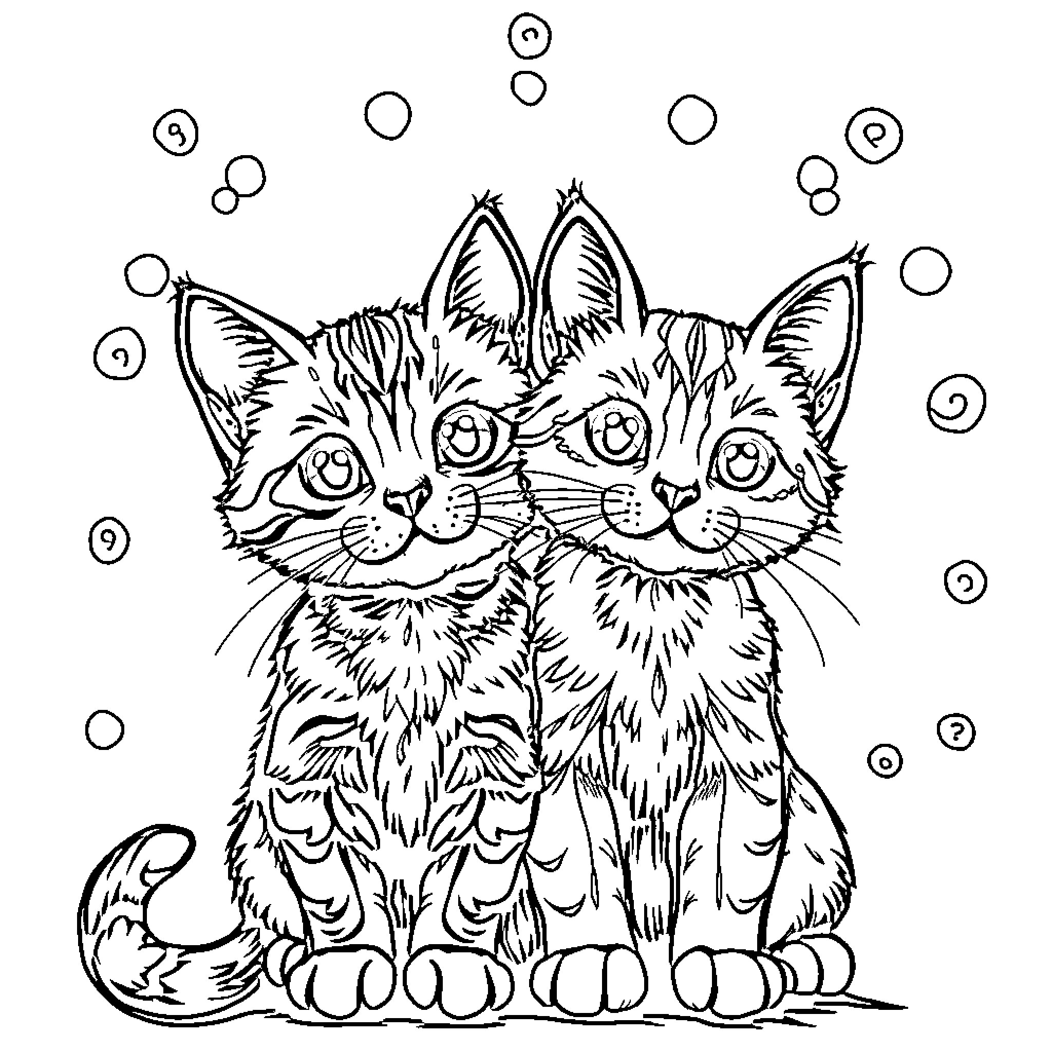 Cat kittens sitting together with bubbles Coloring Page (free black-and-white line drawing printable PDF for all, from beginners to advanced learners, including children, teens, adults, and seniors)