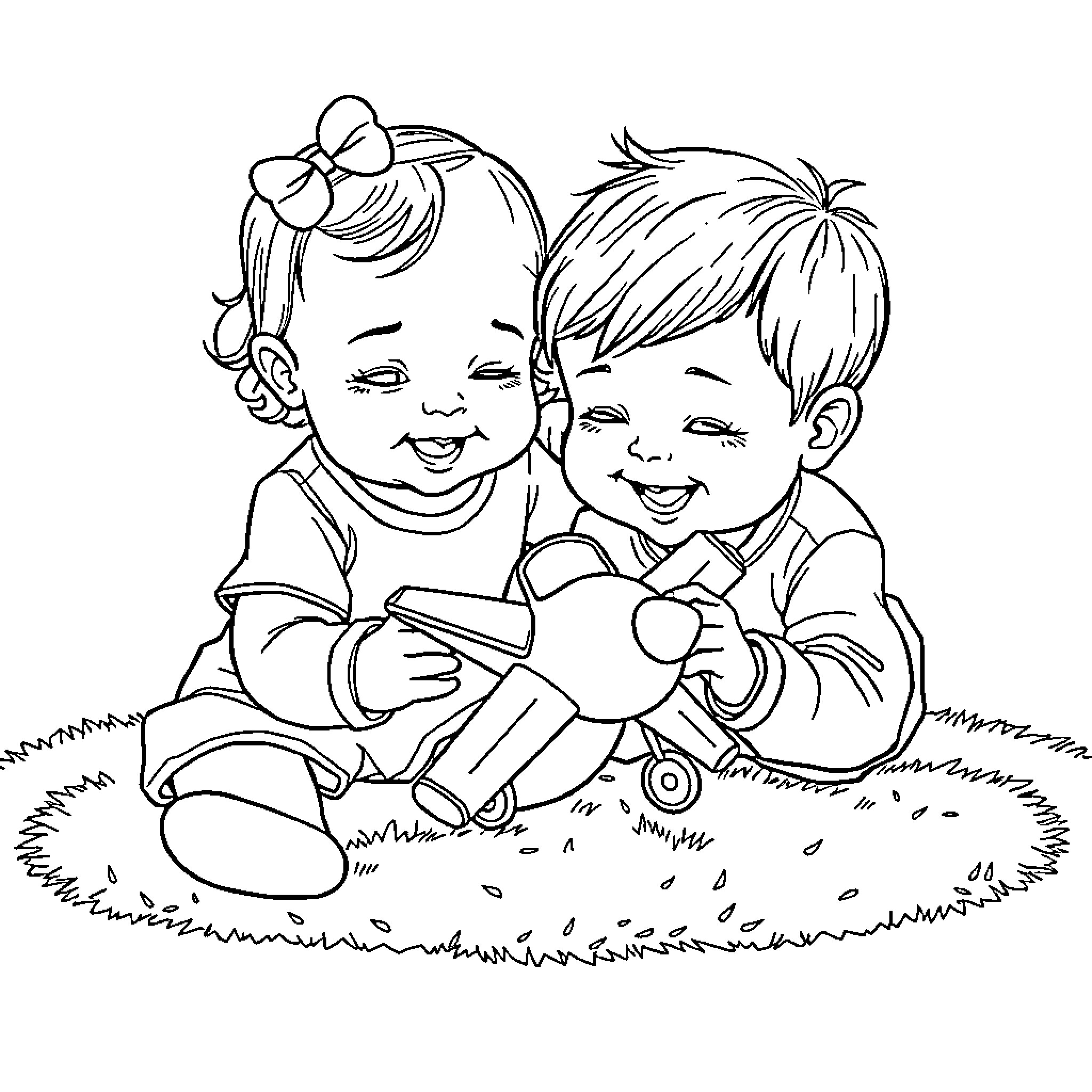 Baby siblings playing together happily outdoors Coloring Page (free black-and-white line drawing printable PDF for all, from beginners to advanced learners, including children, teens, adults, and seniors)