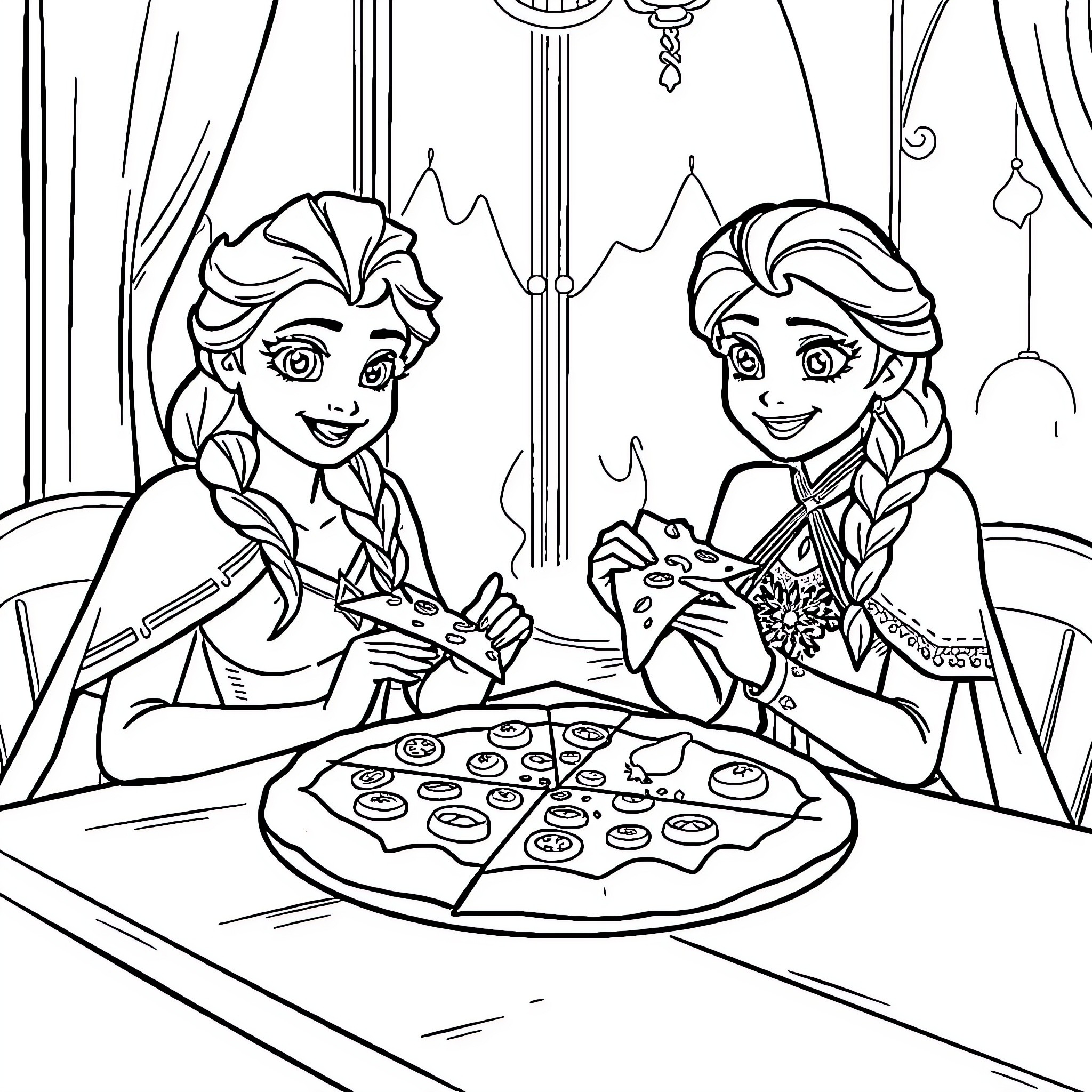 Elsa and Anna baking cookies together Coloring Page (free black-and-white line drawing printable PDF for all, from beginners to advanced learners, including children, teens, adults, and seniors)