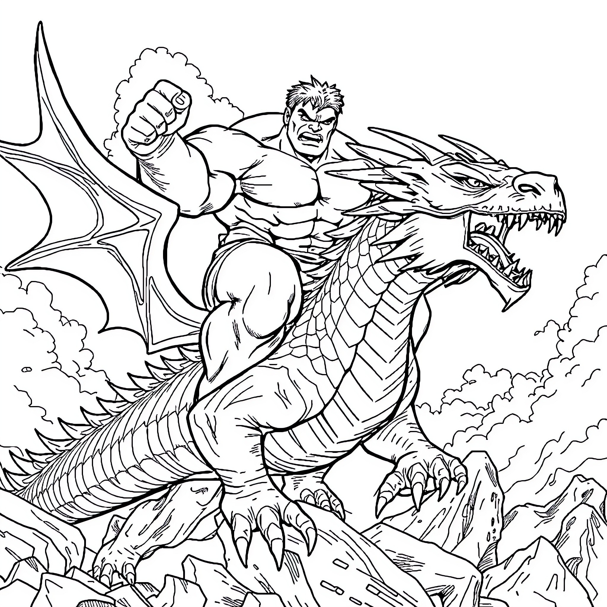 Hulk Riding a Fierce Dragon in Action Coloring Page (free black-and-white line drawing printable PDF for all, from beginners to advanced learners, including children, teens, adults, and seniors)