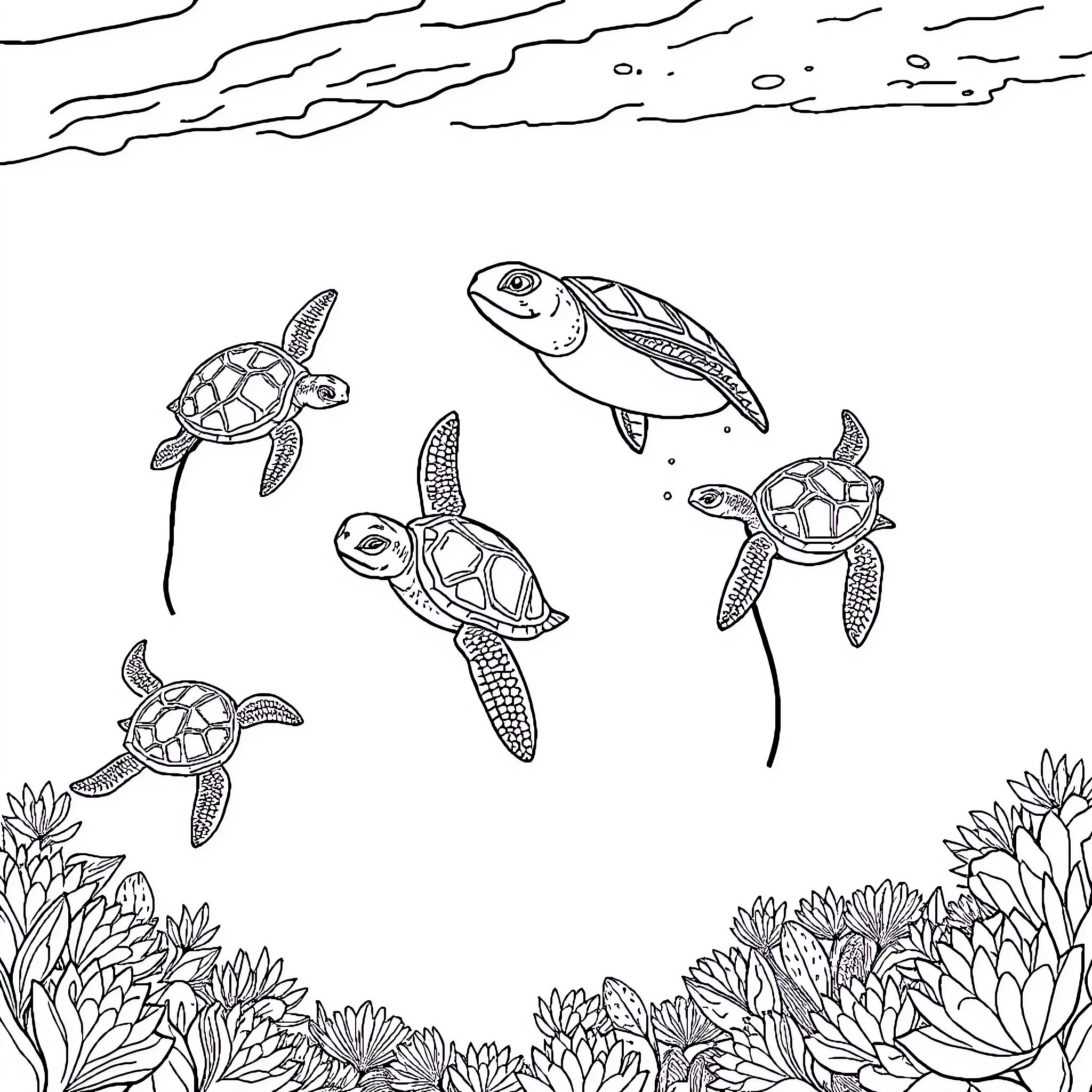 Turtle Swimming Gracefully with School of Turtles Coloring Page (free black-and-white line drawing printable PDF for all, from beginners to advanced learners, including children, teens, adults, and seniors)