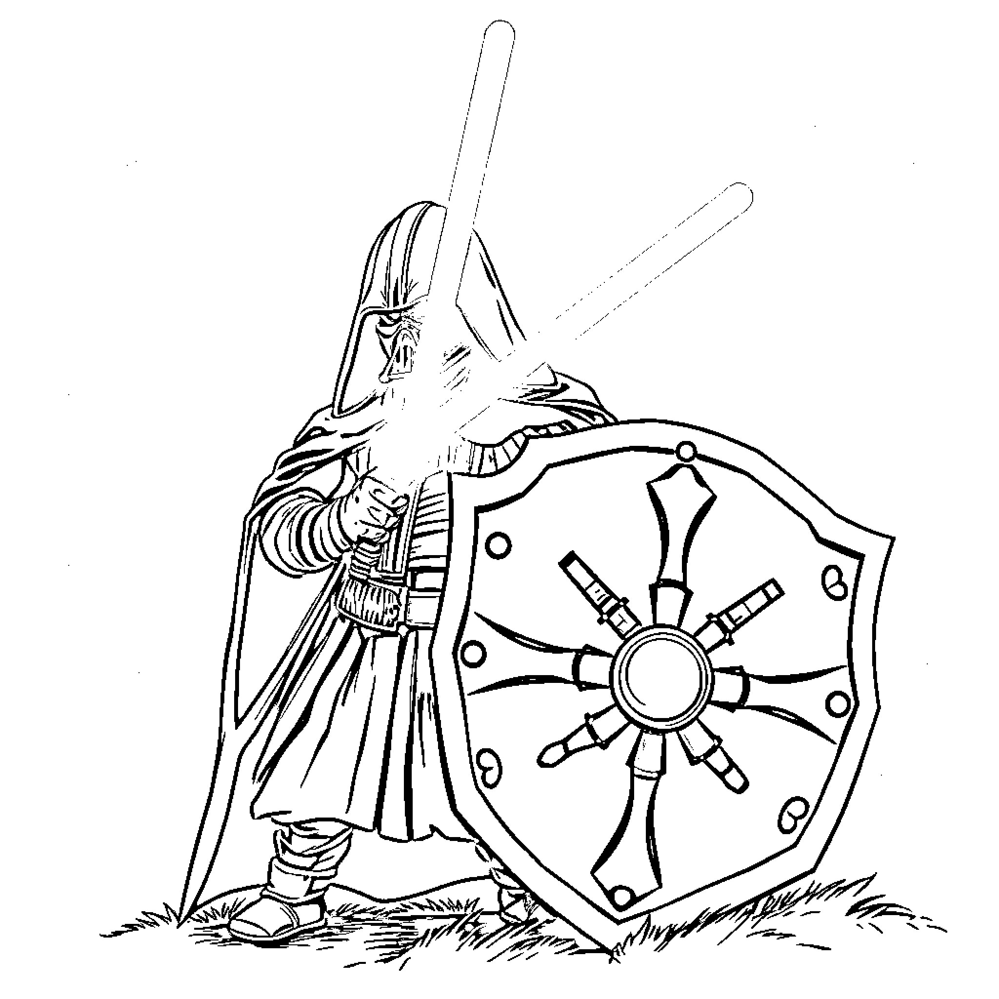 Light Sabre Wielding Warrior with Shield Coloring Page (free black-and-white line drawing printable PDF for all, from beginners to advanced learners, including children, teens, adults, and seniors)