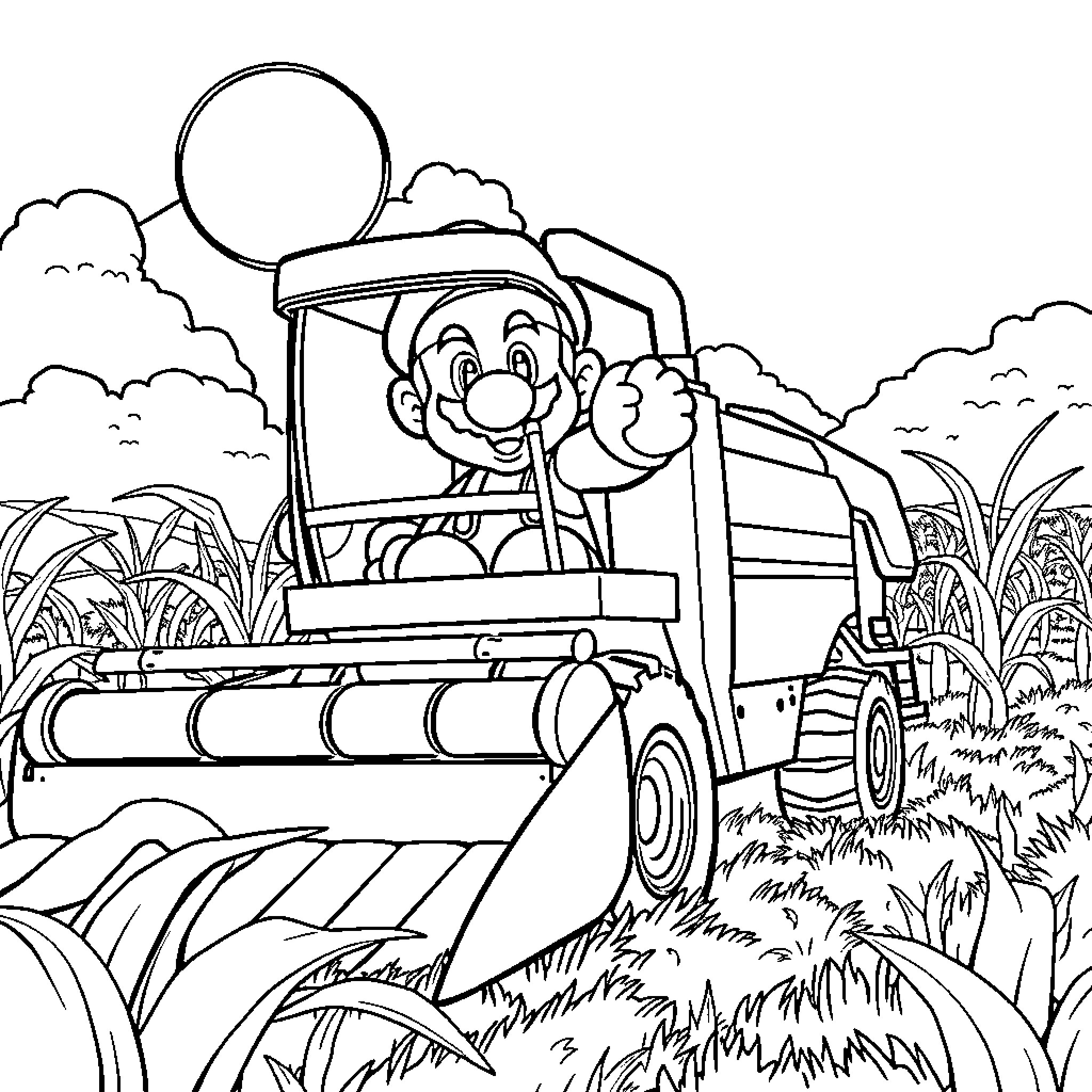 Super Mario Drives a Tractor Through the Countryside Coloring Page (free black-and-white line drawing printable PDF for all, from beginners to advanced learners, including children, teens, adults, and seniors)