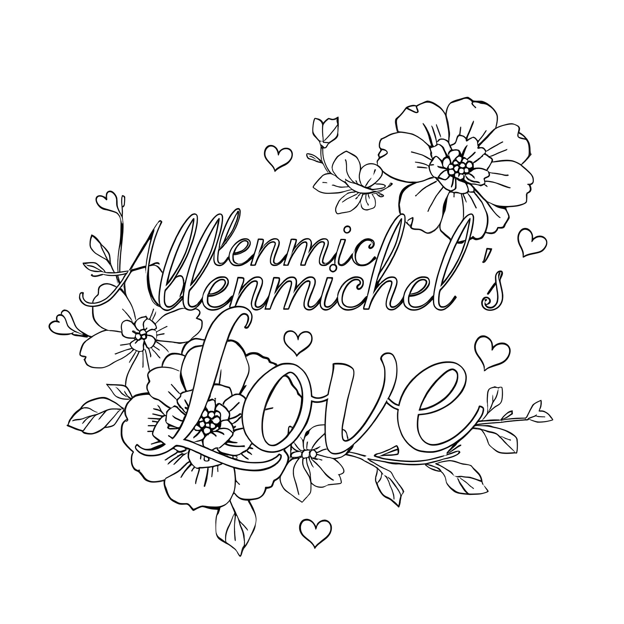 Floral Love Expression with Flowers Coloring Page (free black-and-white line drawing printable PDF for all, from beginners to advanced learners, including children, teens, adults, and seniors)