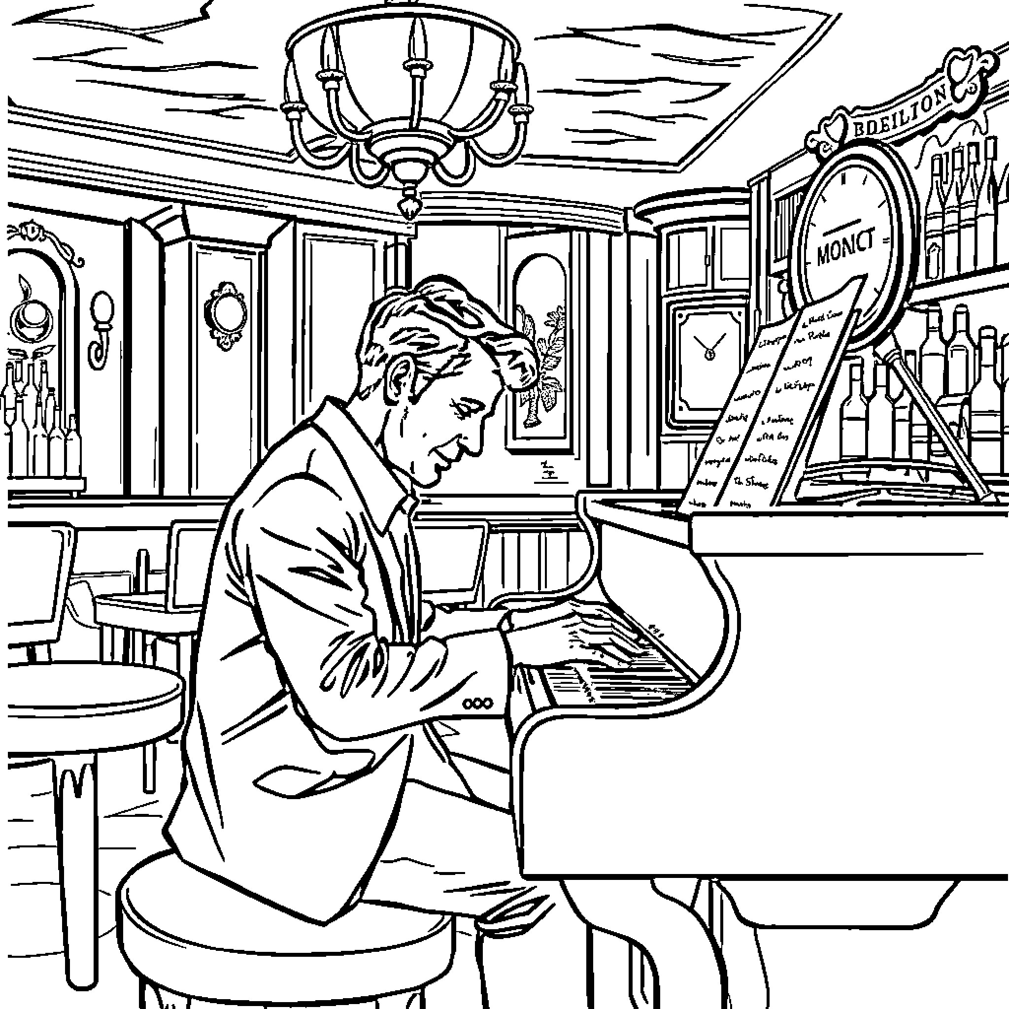 Piano Man playing soulfully in a vintage cafe Coloring Page (free black-and-white line drawing printable PDF for all, from beginners to advanced learners, including children, teens, adults, and seniors)