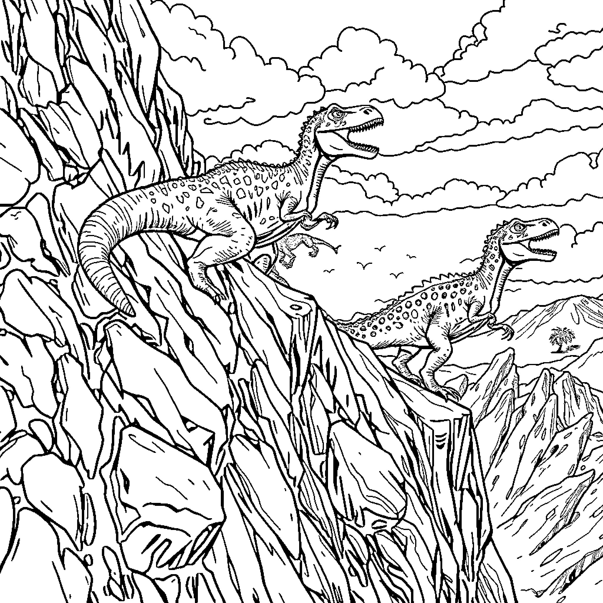 Saurio Dinosaur Predators Stalking in Rugged Terrain Coloring Page (free black-and-white line drawing printable PDF for all, from beginners to advanced learners, including children, teens, adults, and seniors)