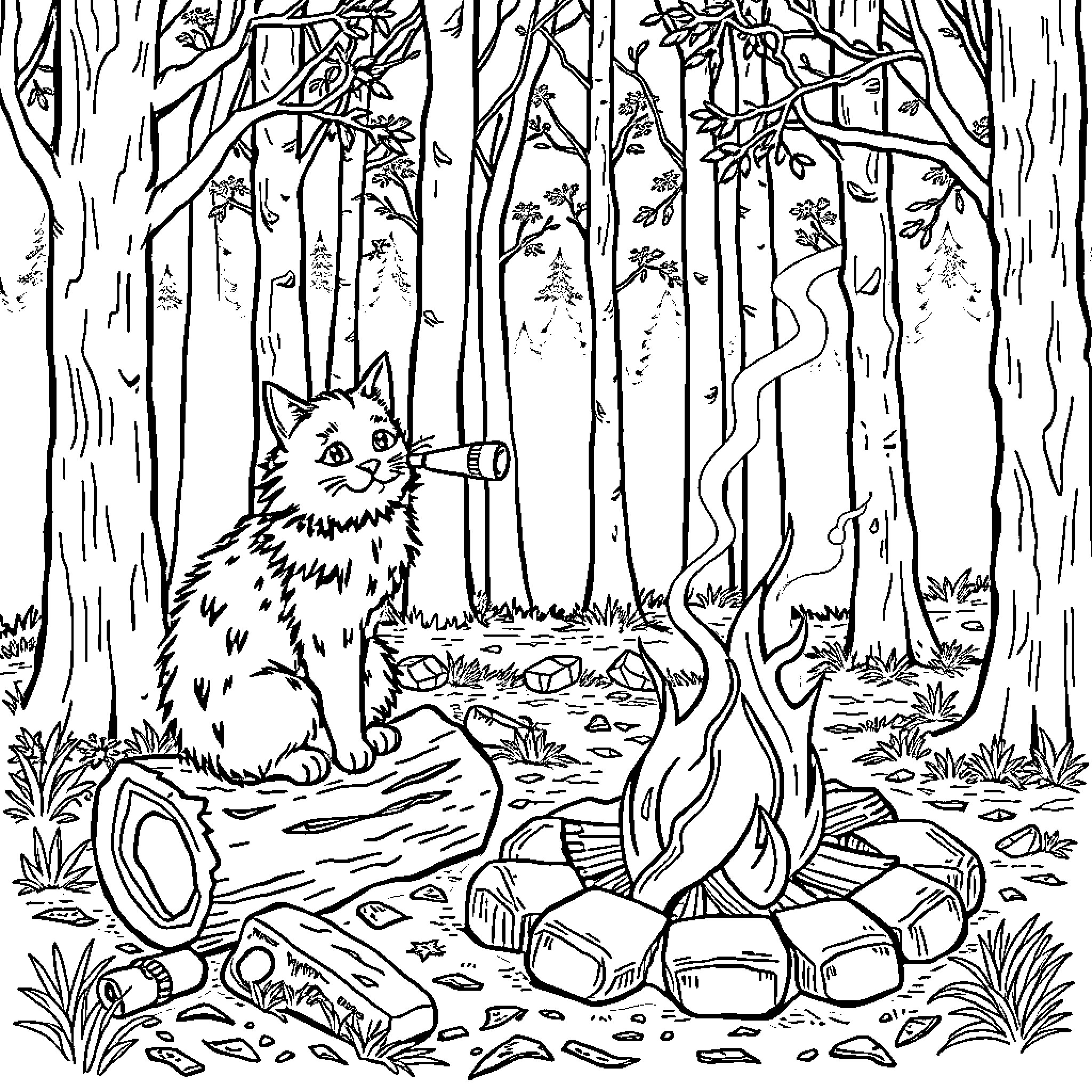 Tabby Cat Enjoying a Cozy Campfire in the Woods Coloring Page (free black-and-white line drawing printable PDF for all, from beginners to advanced learners, including children, teens, adults, and seniors)