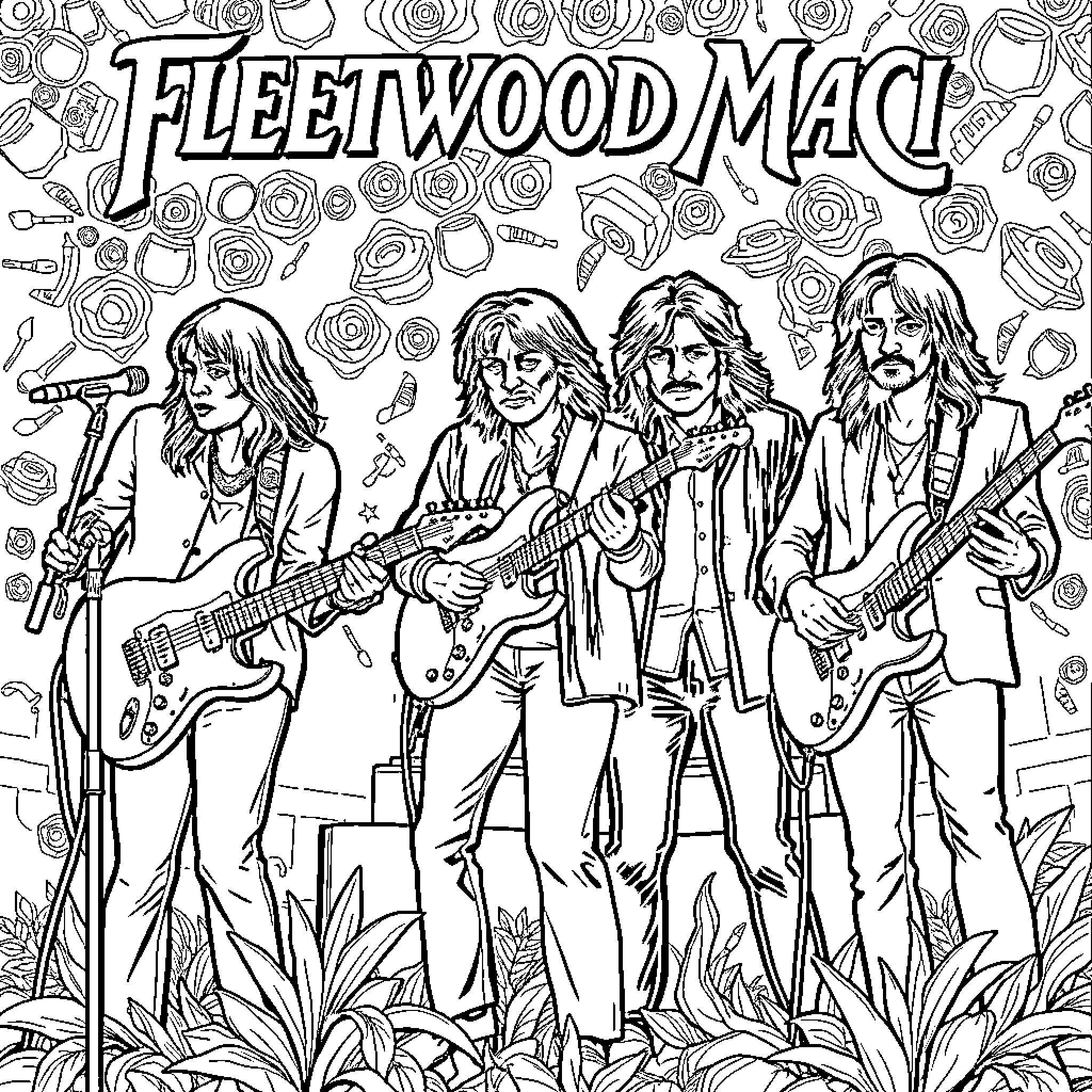 Fleetwood Mac members performing on stage Coloring Page (free black-and-white line drawing printable PDF for all, from beginners to advanced learners, including children, teens, adults, and seniors)
