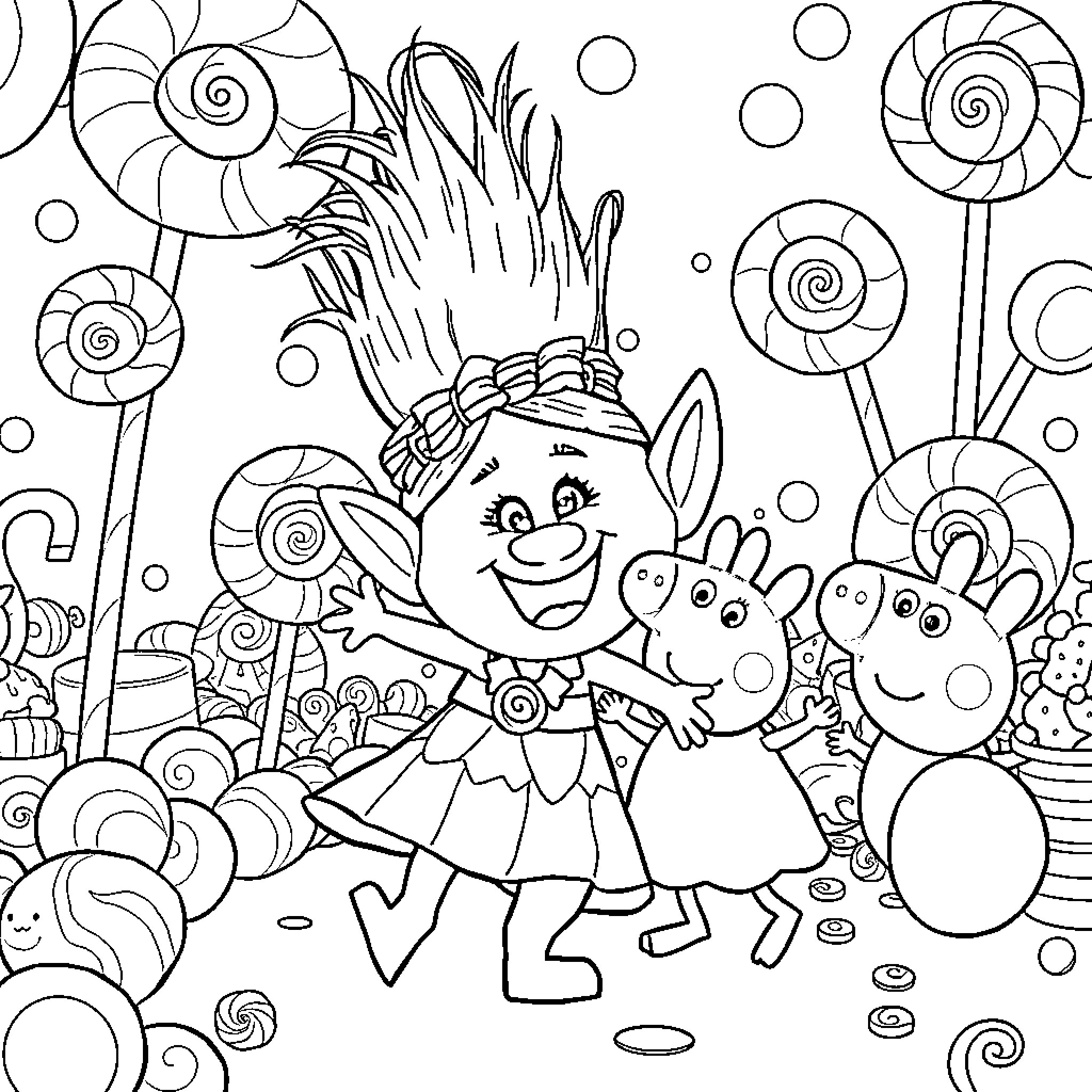 Poppy's Whimsical Adventure Among Swirling Lollipops Coloring Page (free black-and-white line drawing printable PDF for all, from beginners to advanced learners, including children, teens, adults, and seniors)