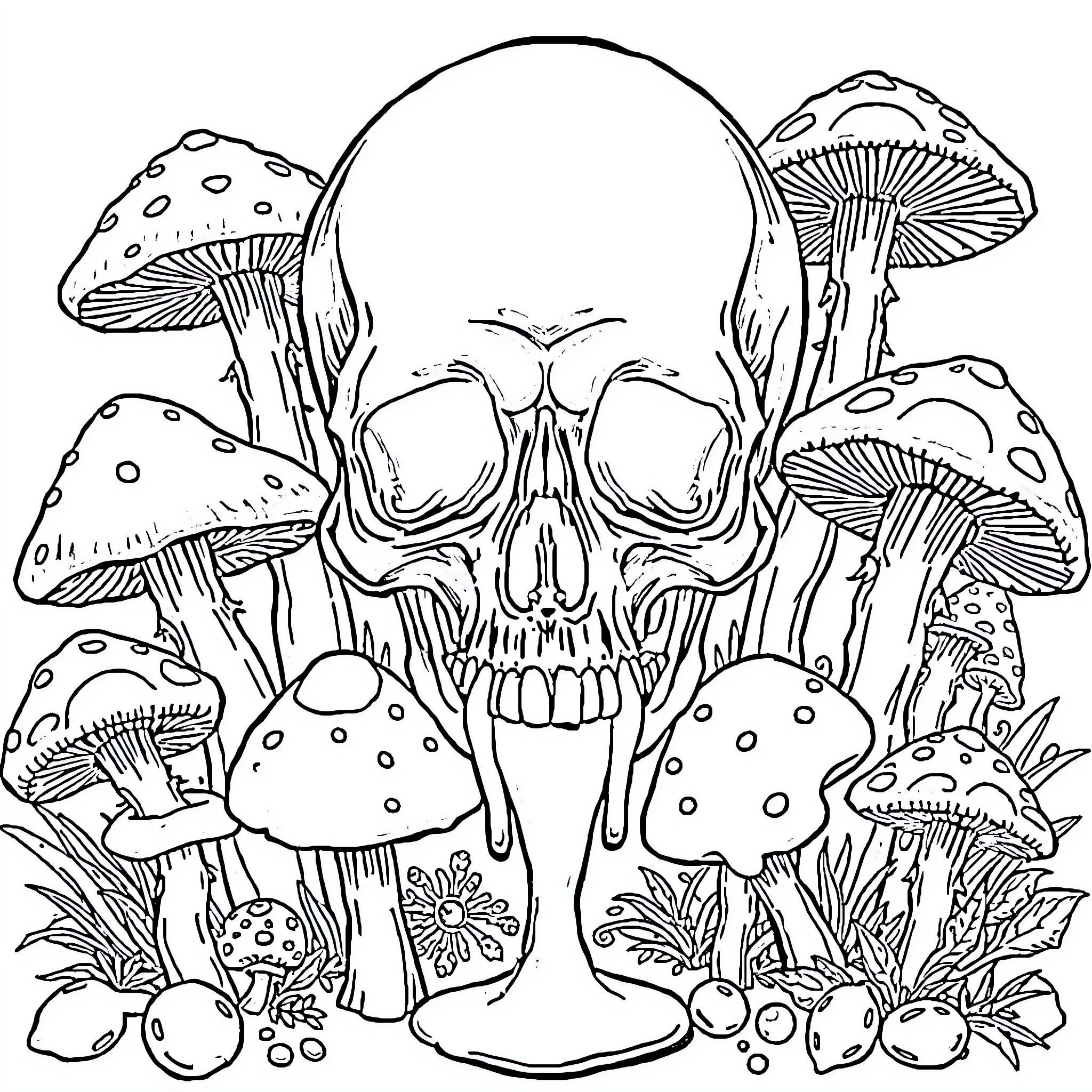 Skull surrounded by whimsical mushrooms Coloring Page (free black-and-white line drawing printable PDF for all, from beginners to advanced learners, including children, teens, adults, and seniors)