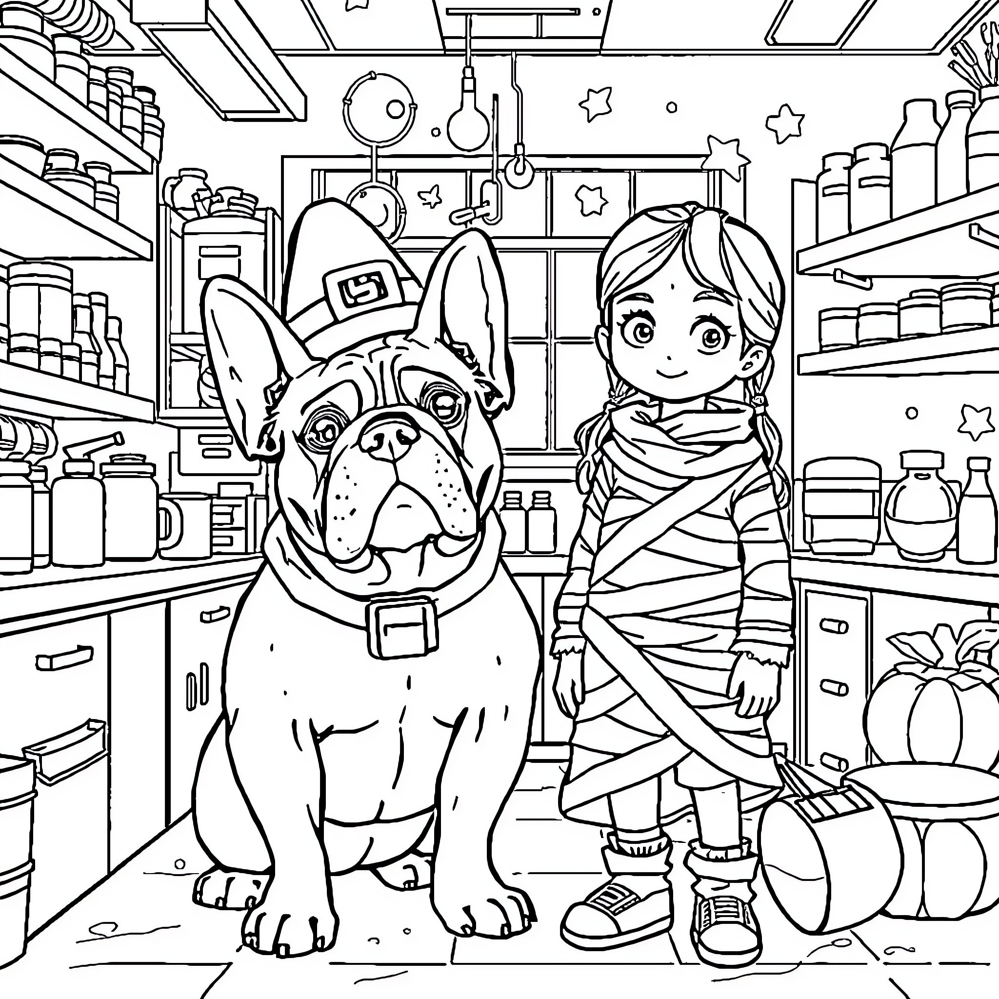 Bulldog and girl exploring the mysterious supply closet Coloring Page (free black-and-white line drawing printable PDF for all, from beginners to advanced learners, including children, teens, adults, and seniors)