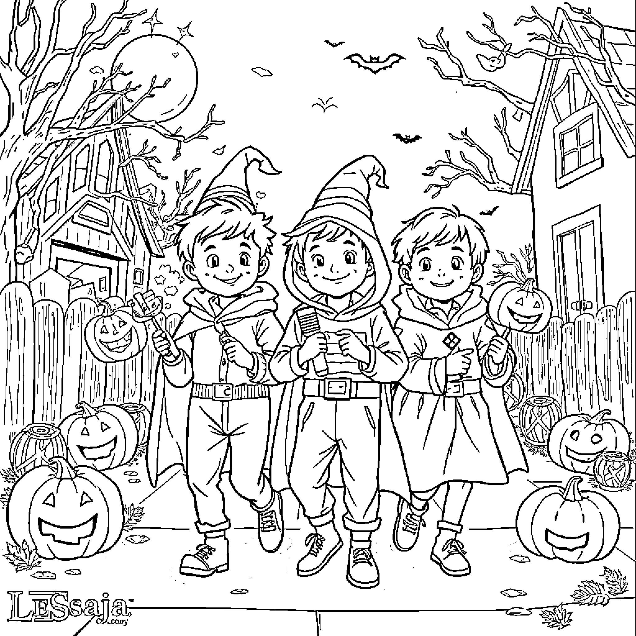 Saja Boys Trick-or-Treating on Halloween Night Coloring Page (free black-and-white line drawing printable PDF for all, from beginners to advanced learners, including children, teens, adults, and seniors)